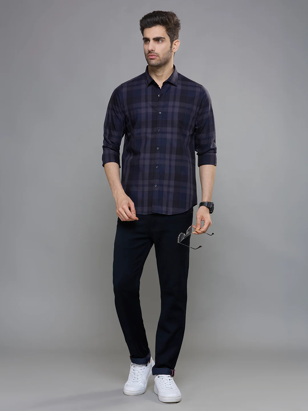 Men's Navy Blue Checks Slim Fit Shirts - Image 3