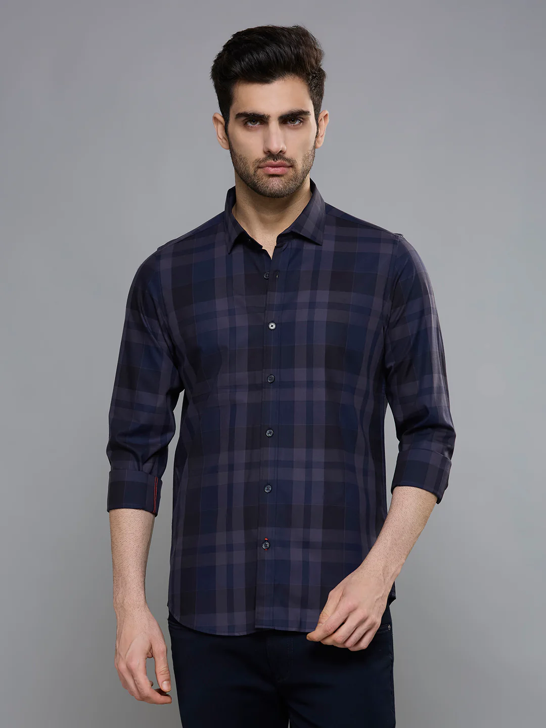 Men's Navy Blue Checks Slim Fit Shirts - Image 4