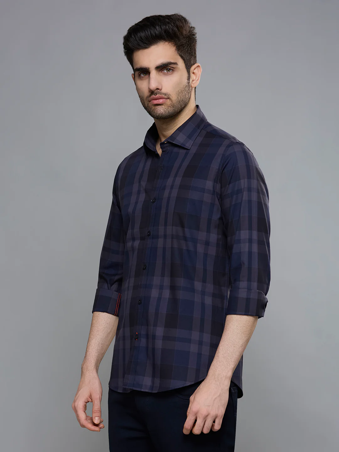 Men's Navy Blue Checks Slim Fit Shirts - Image 5