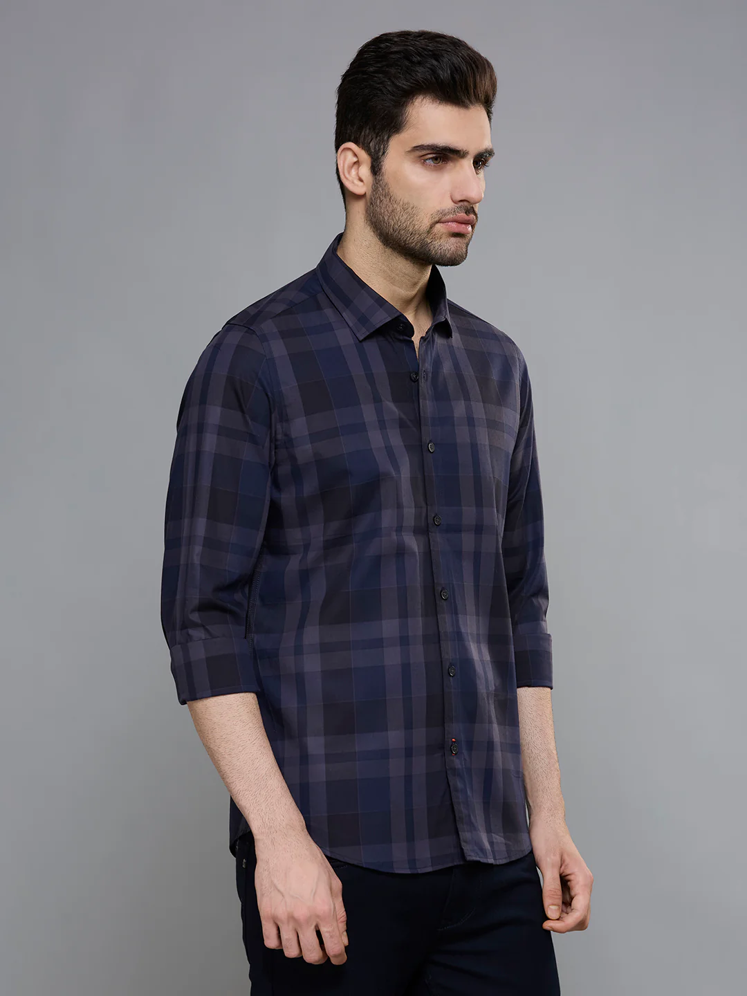 Men's Navy Blue Checks Slim Fit Shirts - Image 6
