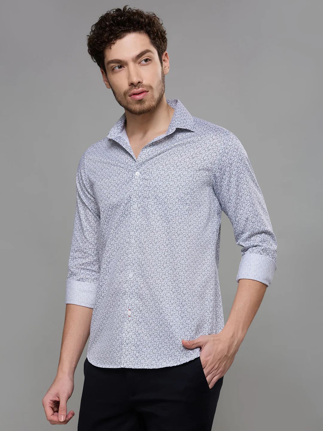 Men's Navy Blue Printed Slim Fit Shirts - Image 4