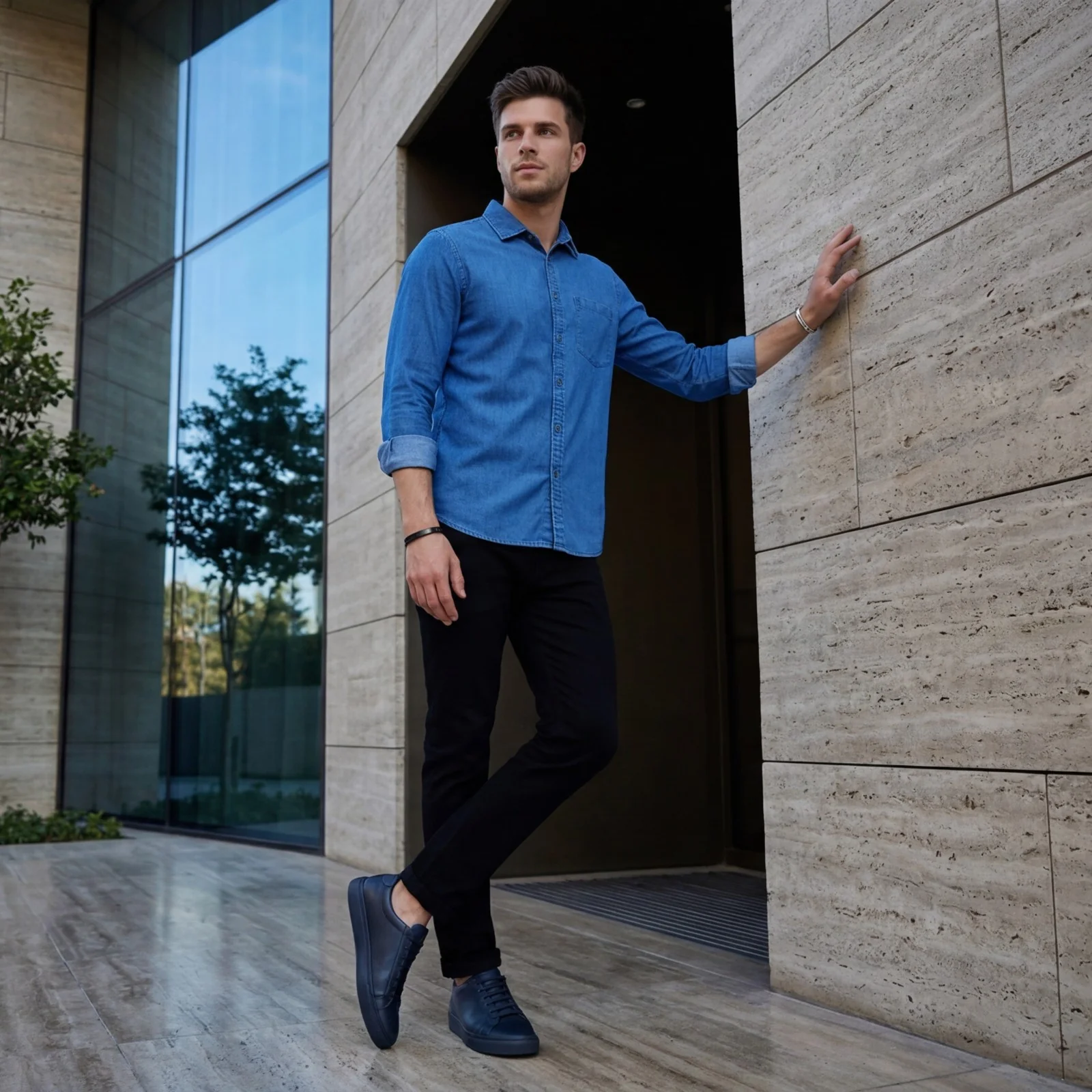 Men's Navy Blue Solid Slim Fit Shirts