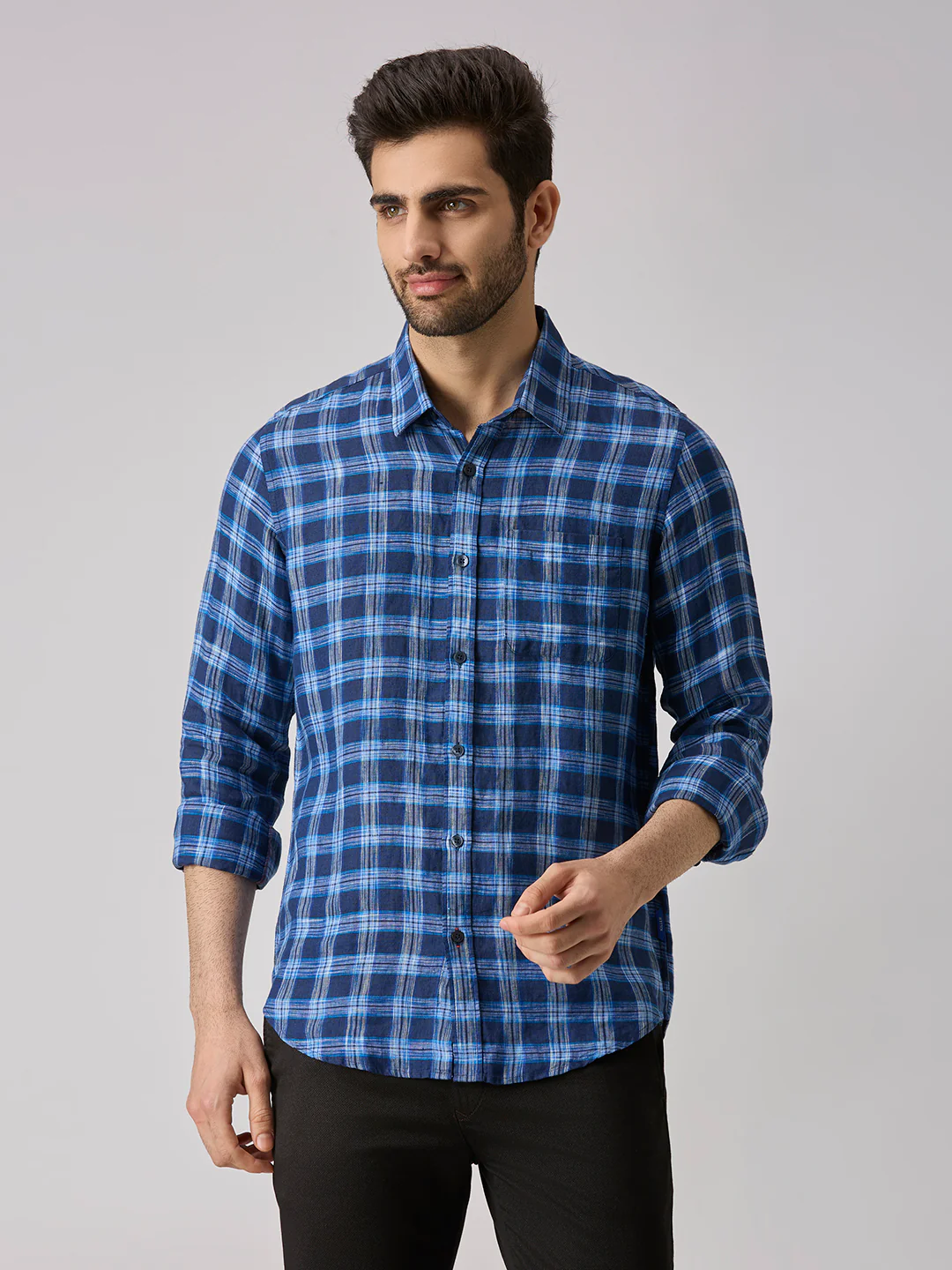 Men's Navy Checks Slim Fit Shirts - Image 3