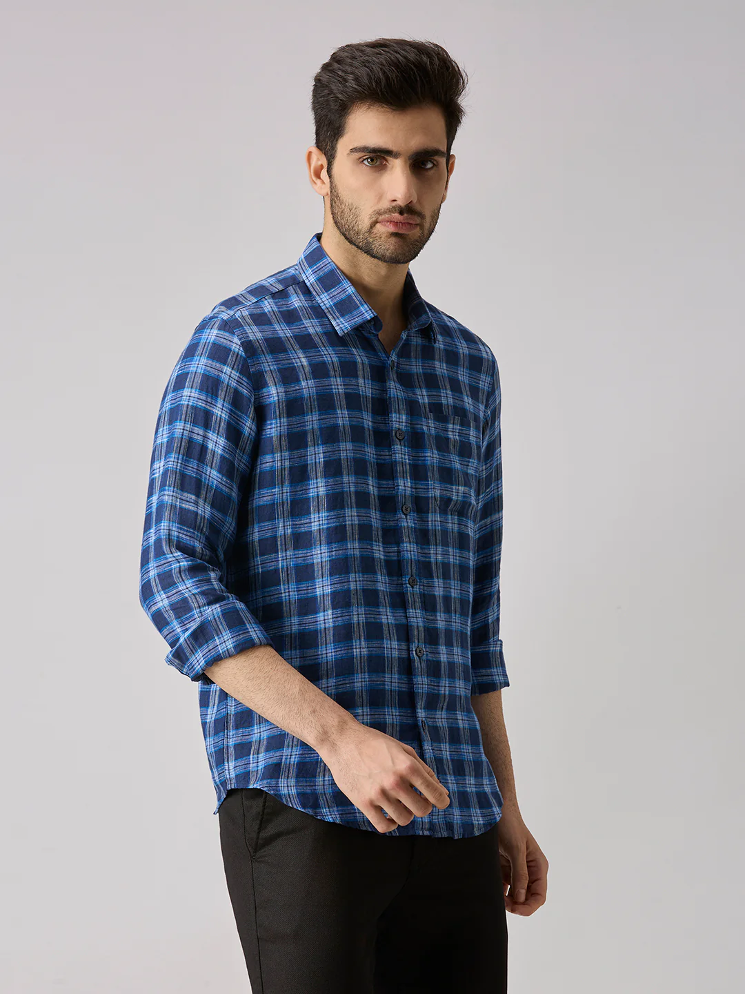 Men's Navy Checks Slim Fit Shirts - Image 5