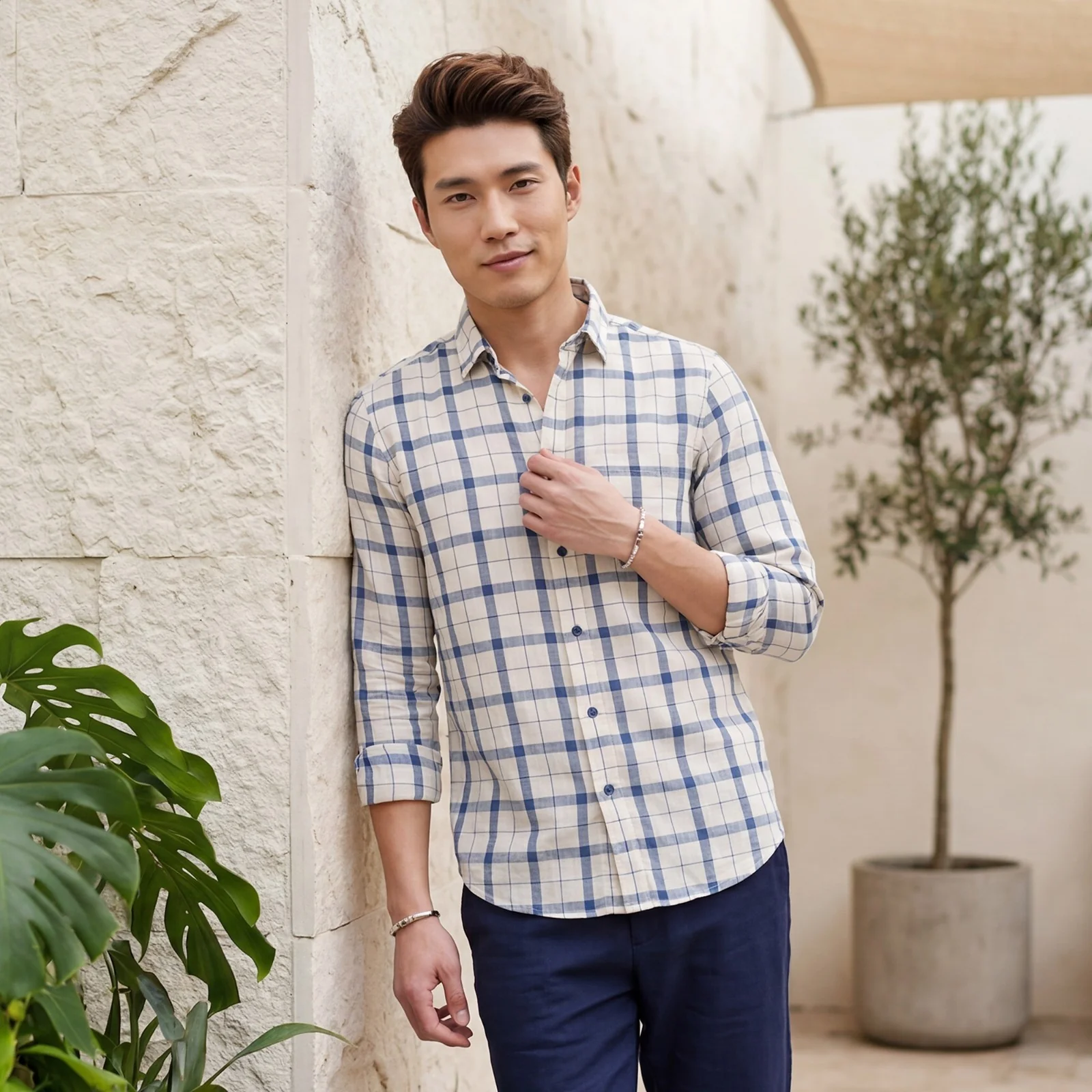 Men's Off White Checks Slim Fit Shirts - Image 2