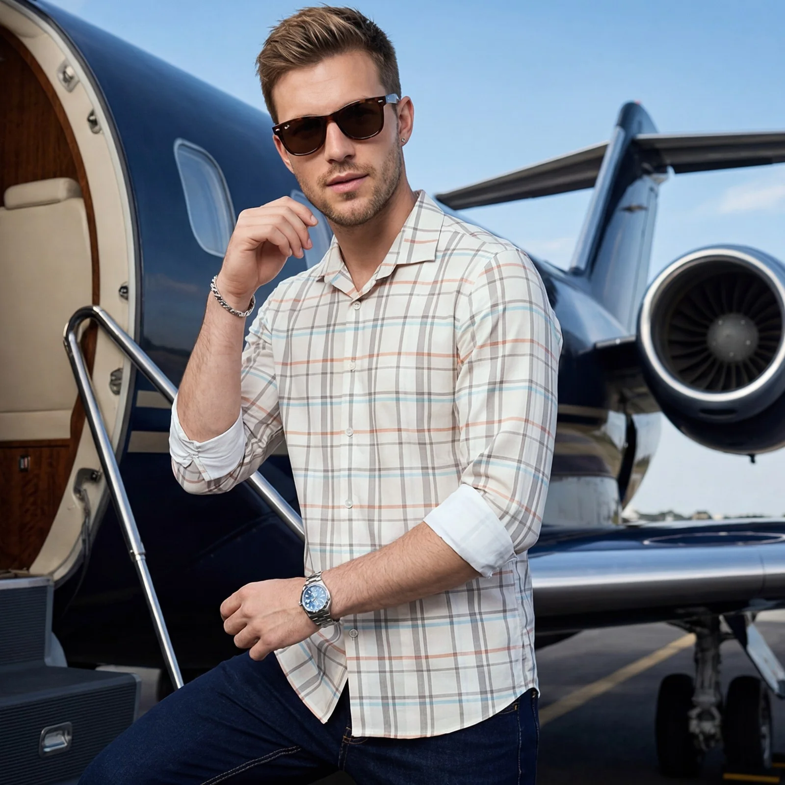 Men's Off White Checks Slim Fit Shirts - Image 2