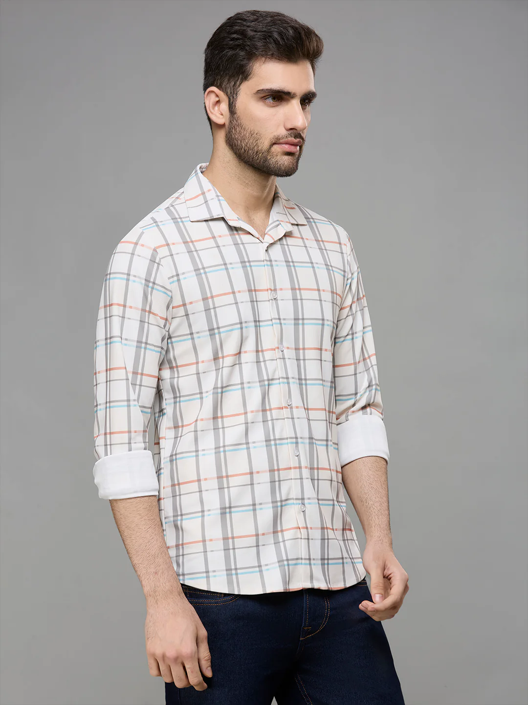 Men's Off White Checks Slim Fit Shirts - Image 4