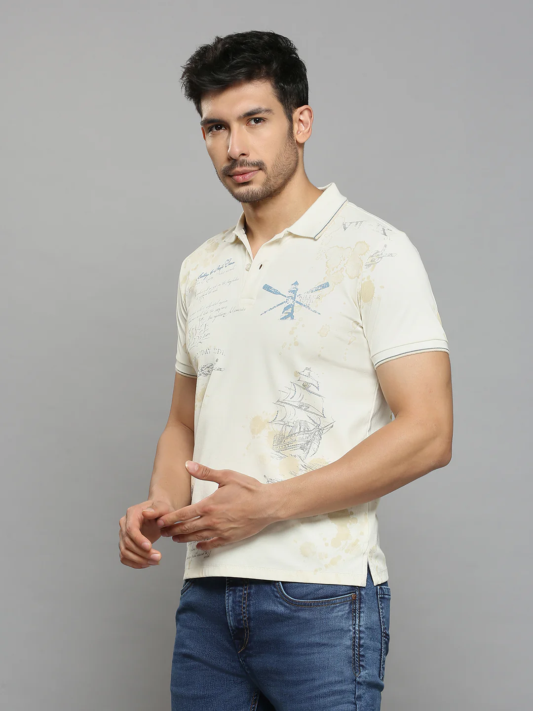 Men's Off White Printed Slim Fit T-Shirts - Image 2