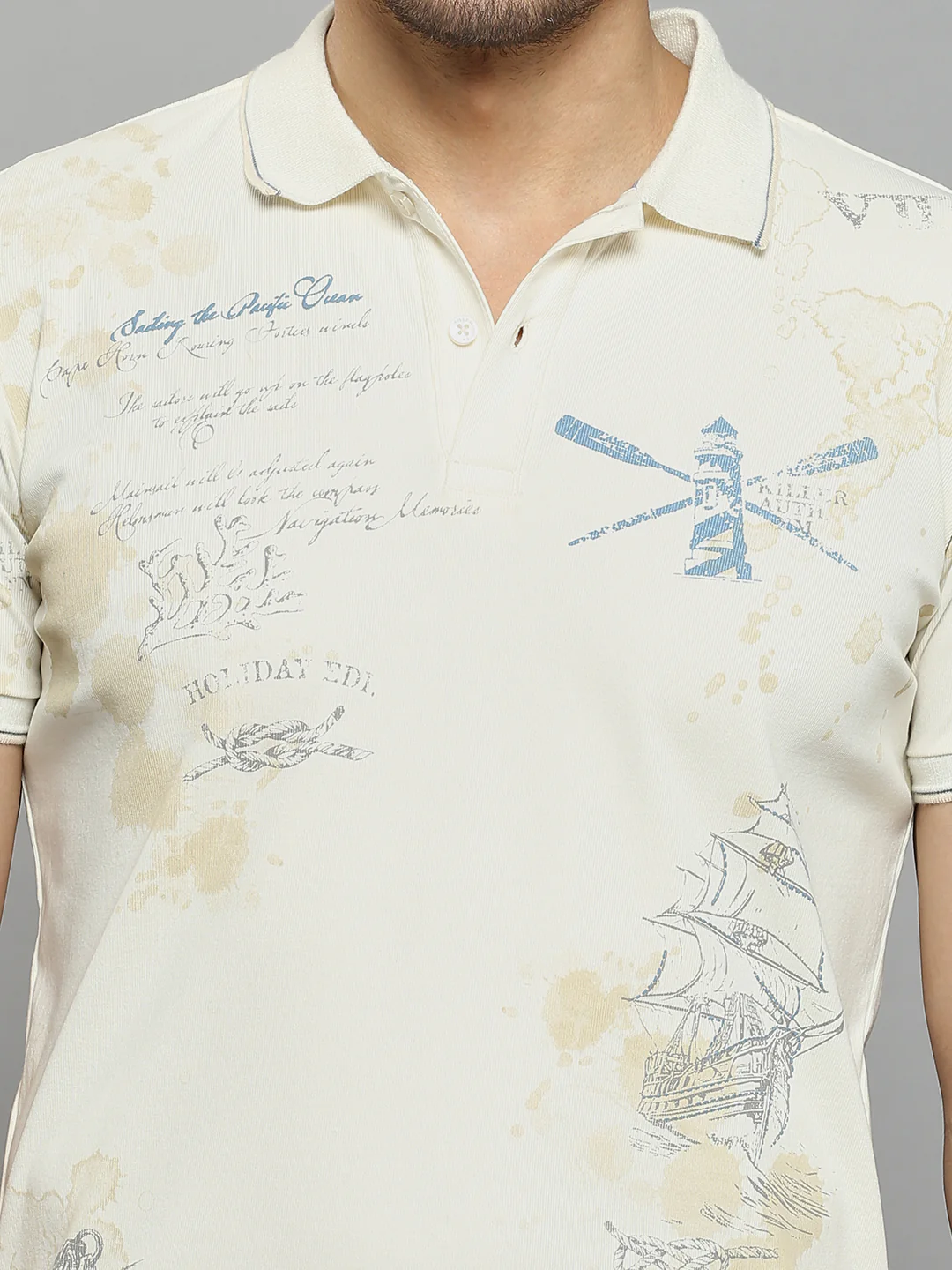 Men's Off White Printed Slim Fit T-Shirts - Image 5