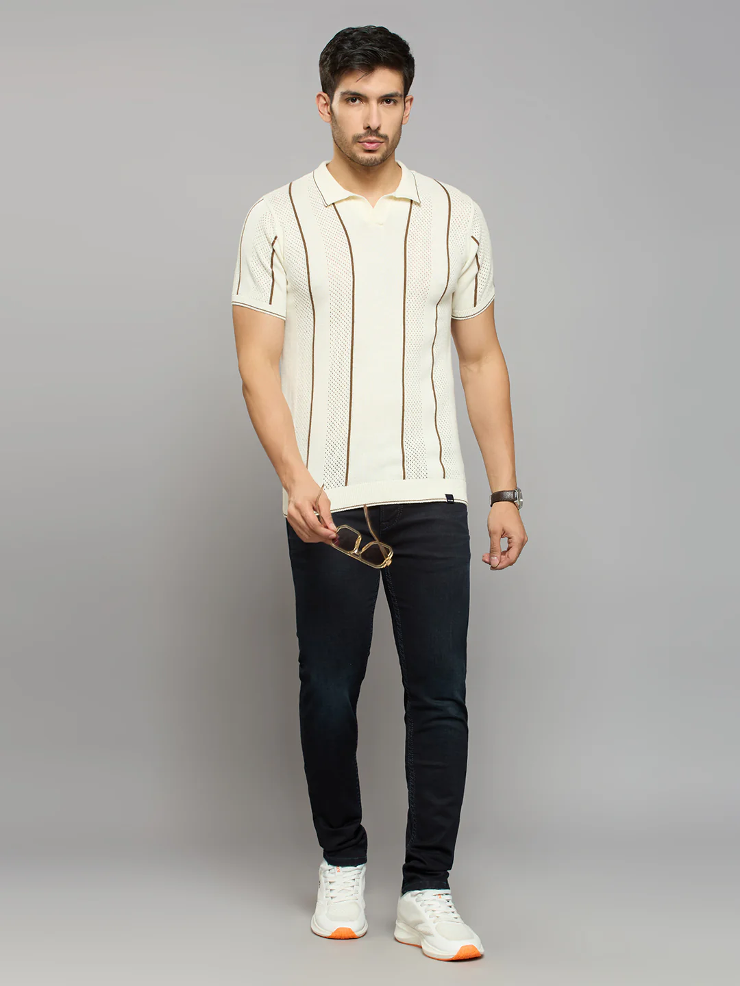 Men's Off White Striped Flat Knits - Image 8