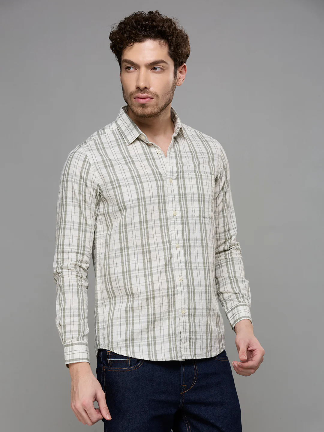 Men's Olive Checks Slim Fit Shirts - Image 5