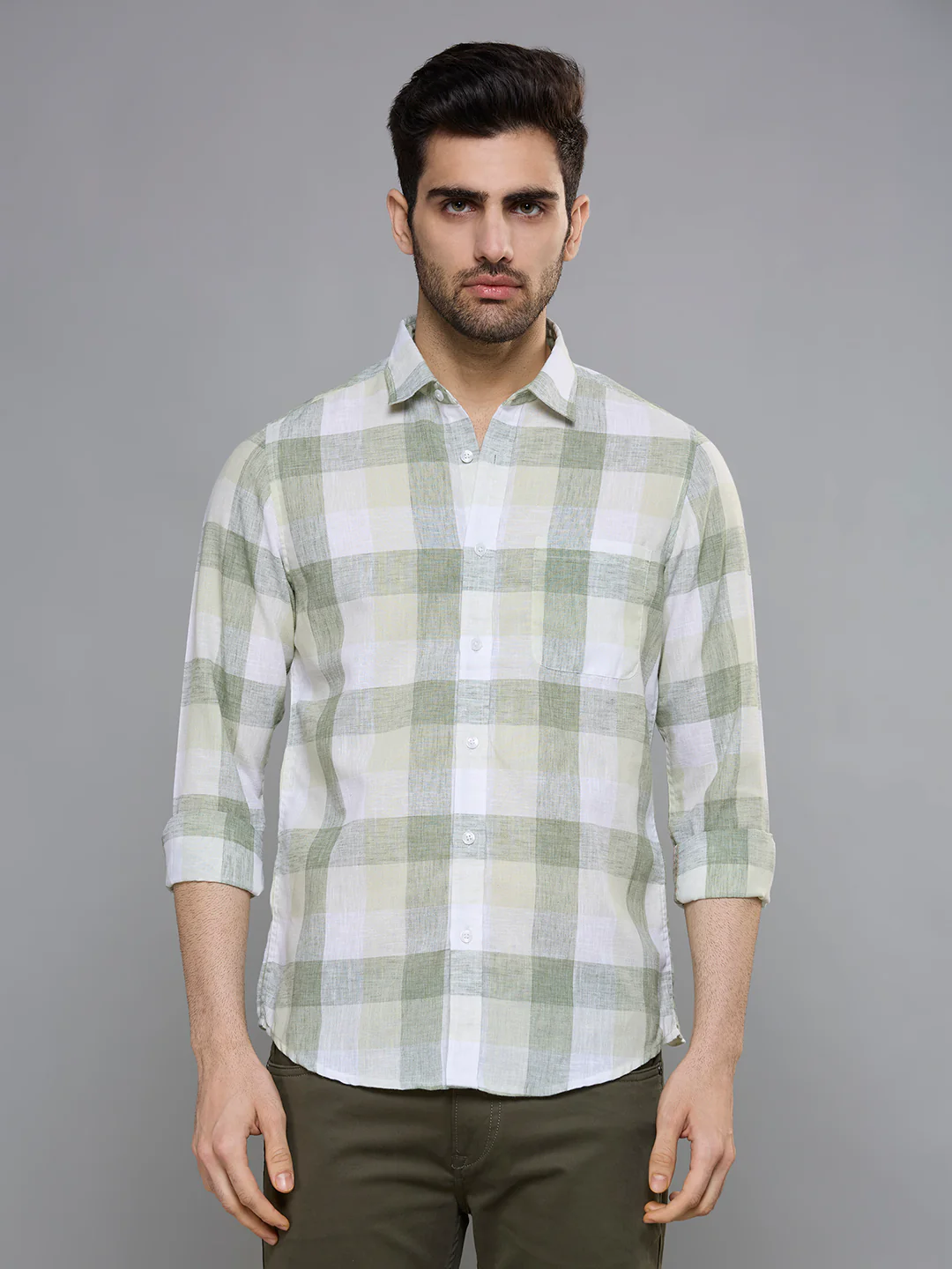 Men's Olive Green Checks Slim Fit Shirts - Image 3