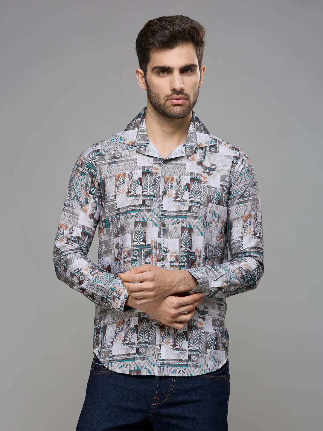 Men's Olive Printed Slim Fit Shirts - Image 3