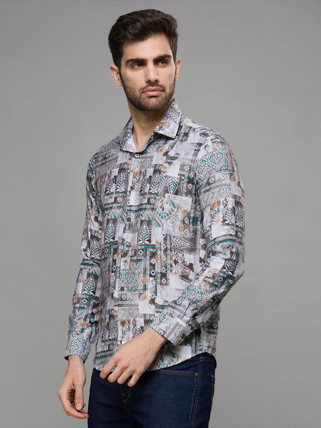 Men's Olive Printed Slim Fit Shirts - Image 4