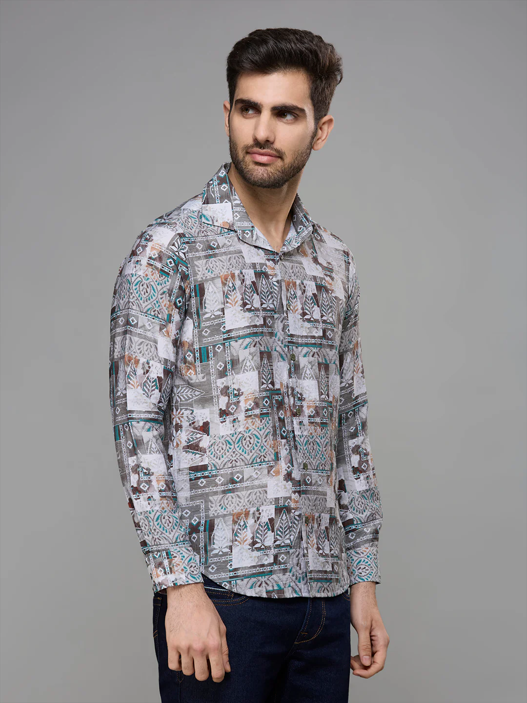 Men's Olive Printed Slim Fit Shirts - Image 5