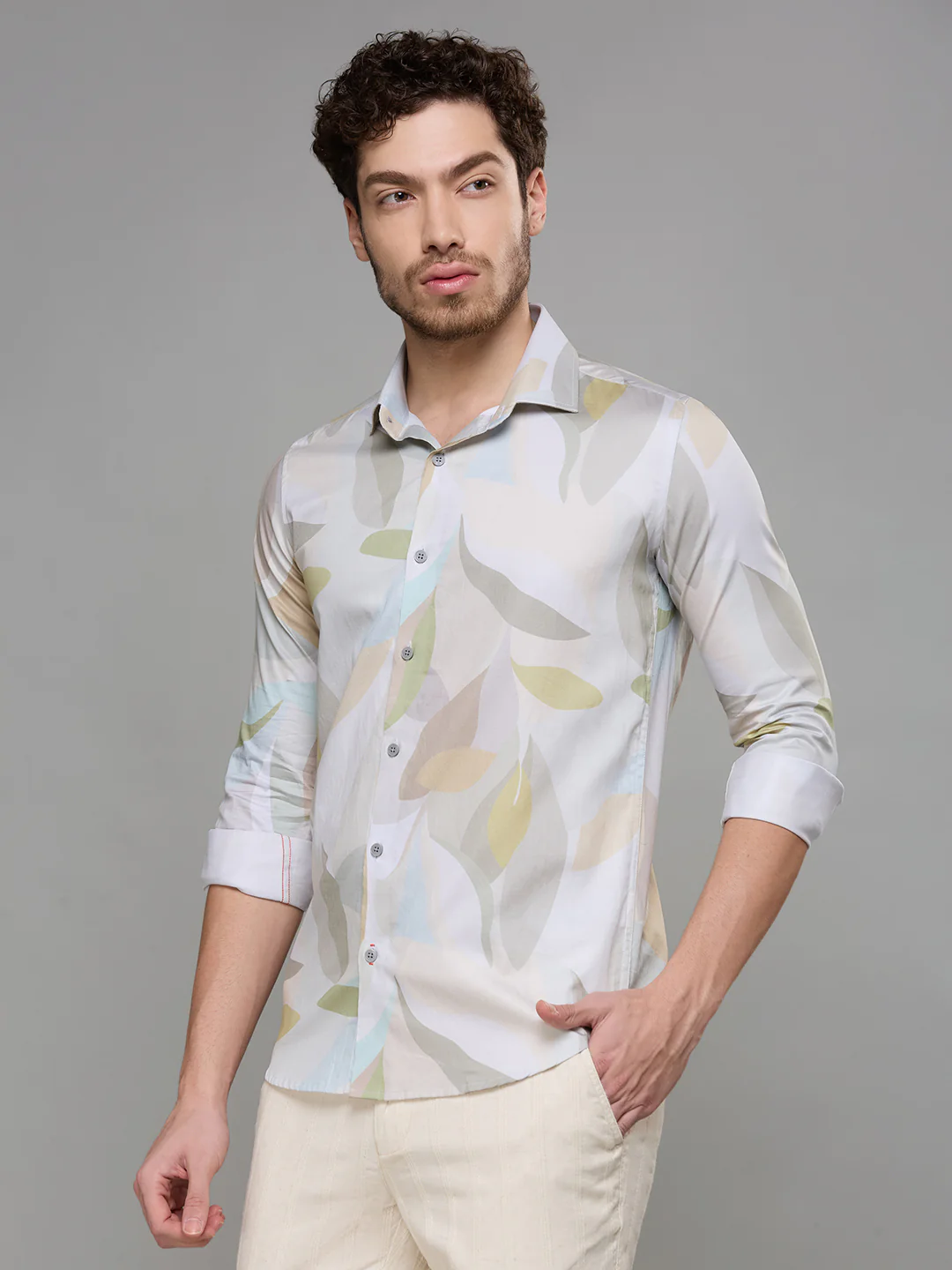 Men's Olive Printed Slim Fit Shirts - Image 4