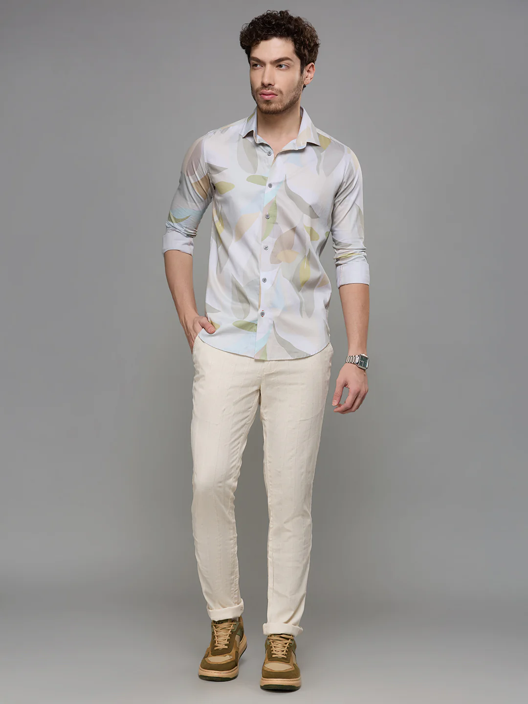 Men's Olive Printed Slim Fit Shirts - Image 8