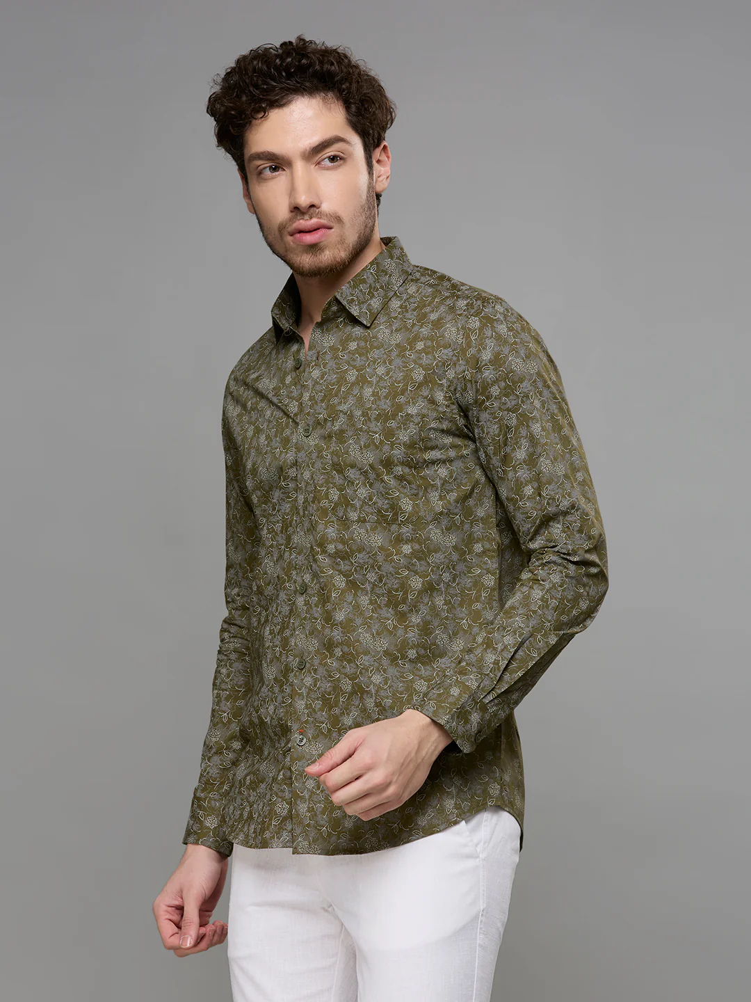 Men's Olive Printed Slim Fit Shirts - Image 4