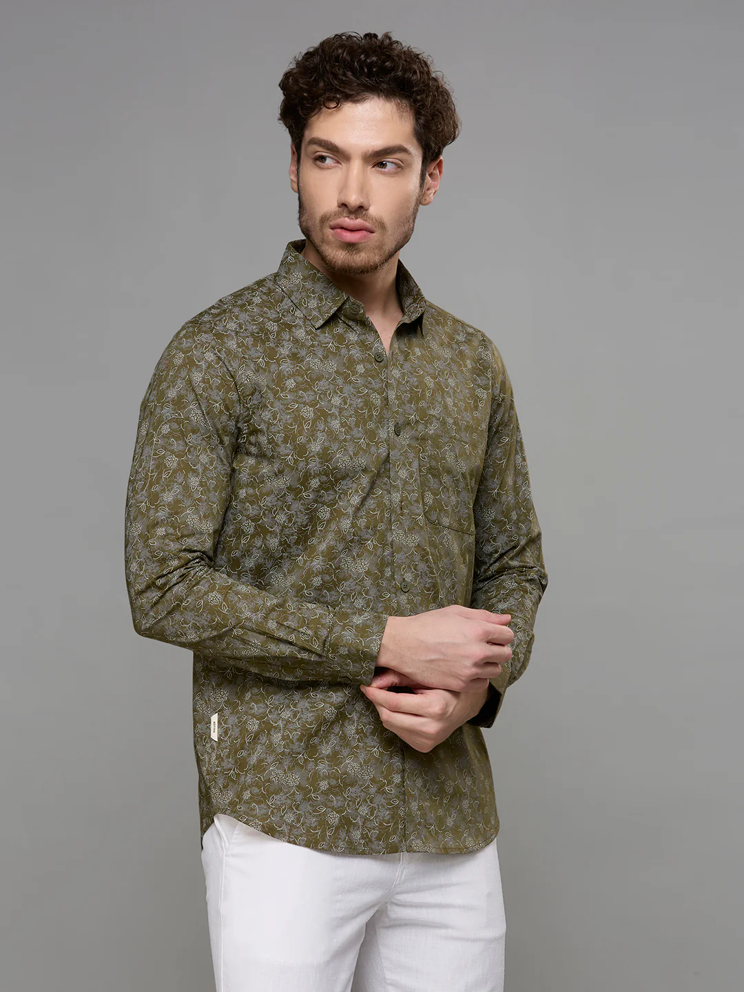 Men's Olive Printed Slim Fit Shirts - Image 5