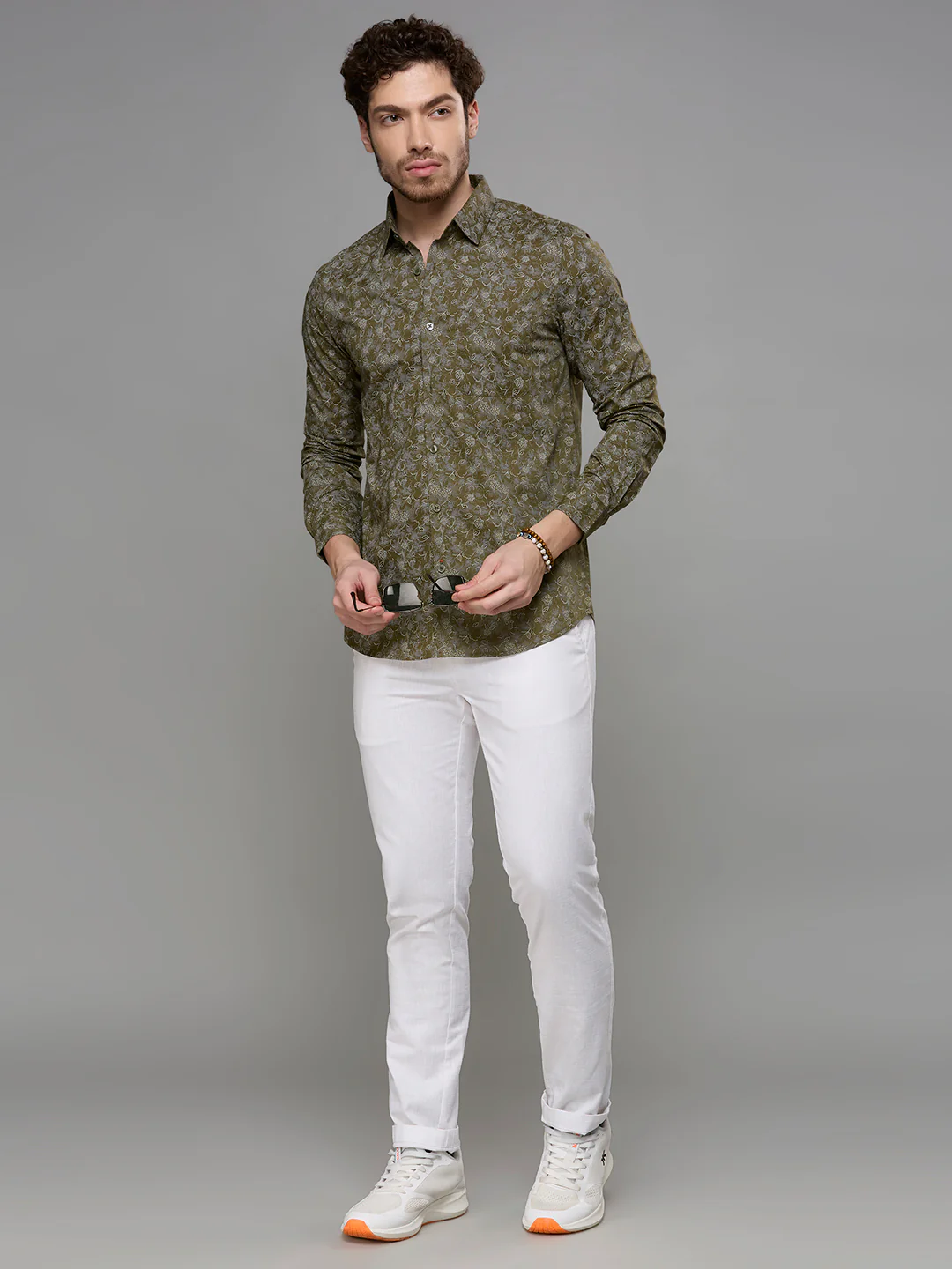 Men's Olive Printed Slim Fit Shirts - Image 8