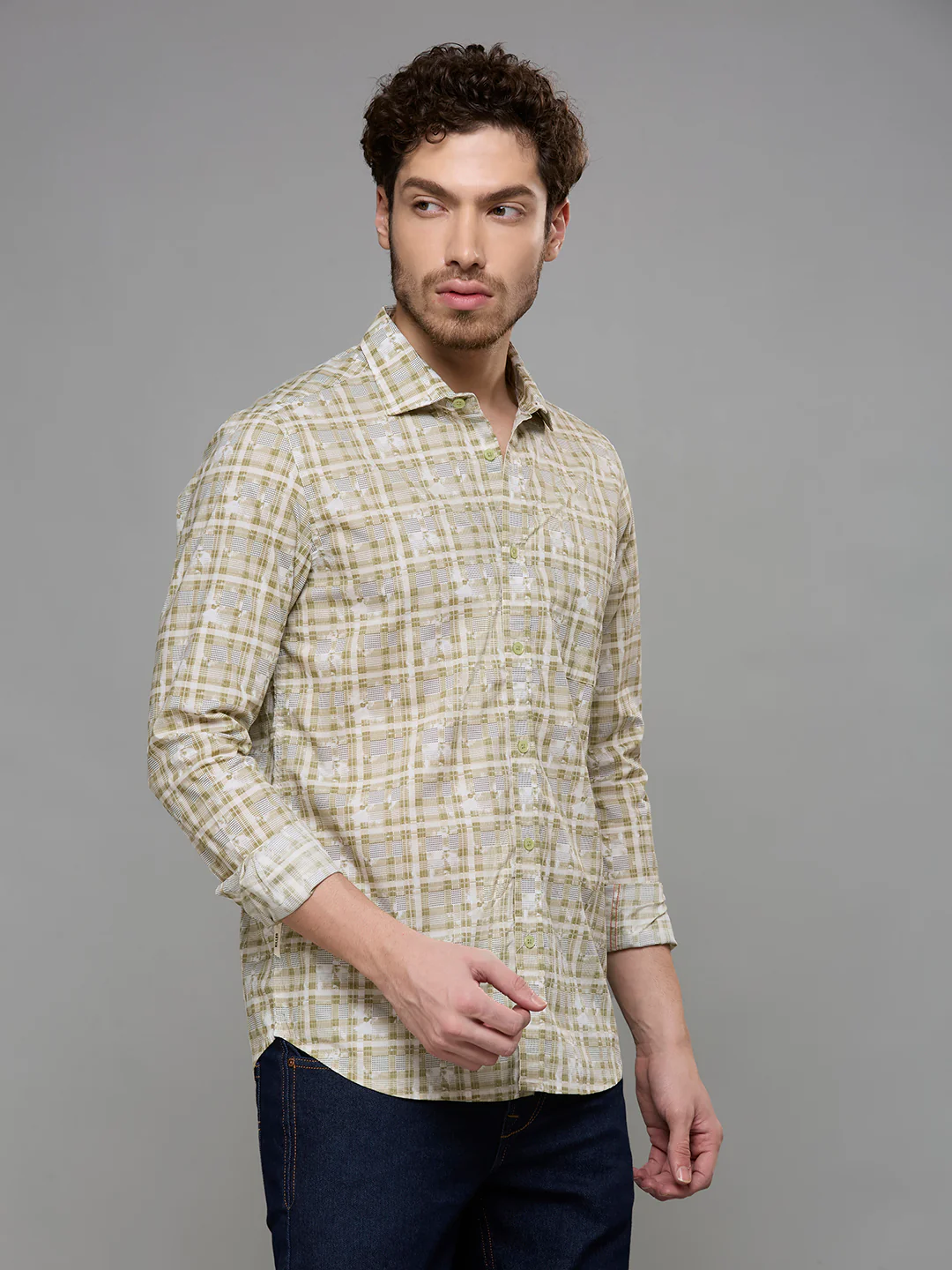 Men's Olive Printed Slim Fit Shirts - Image 5