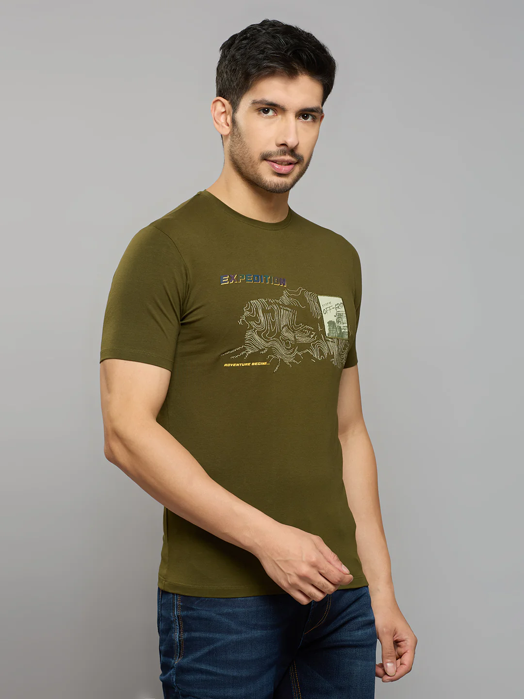 Men's Olive Printed Slim Fit T-Shirts - Image 3