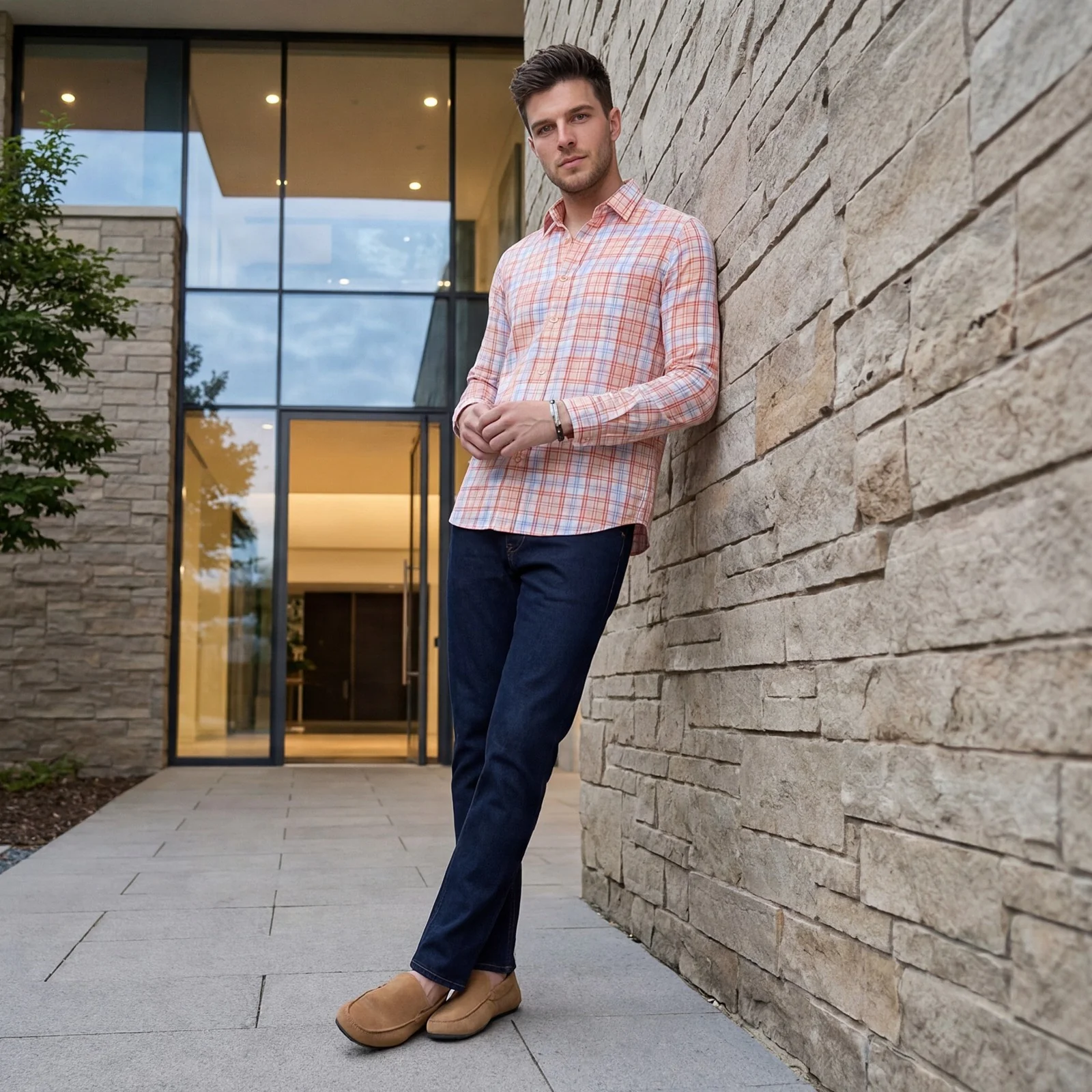 Men's Peach Checks Slim Fit Shirts