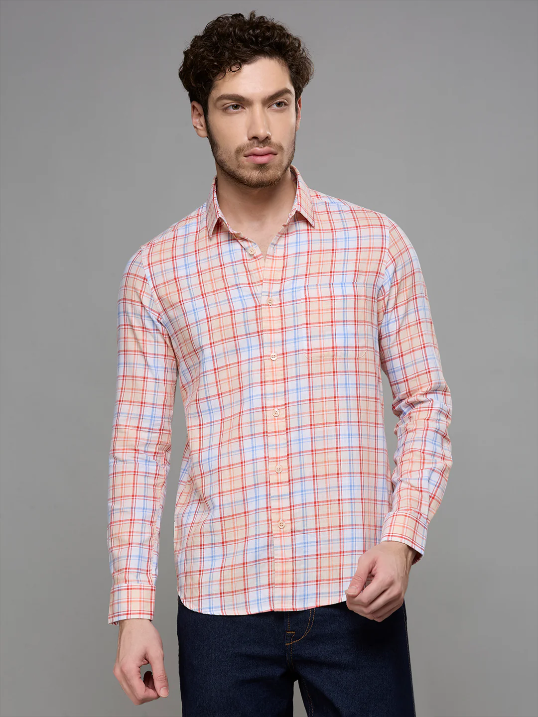 Men's Peach Checks Slim Fit Shirts - Image 3
