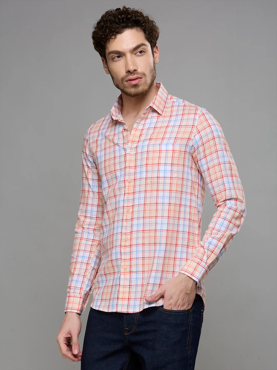 Men's Peach Checks Slim Fit Shirts - Image 4
