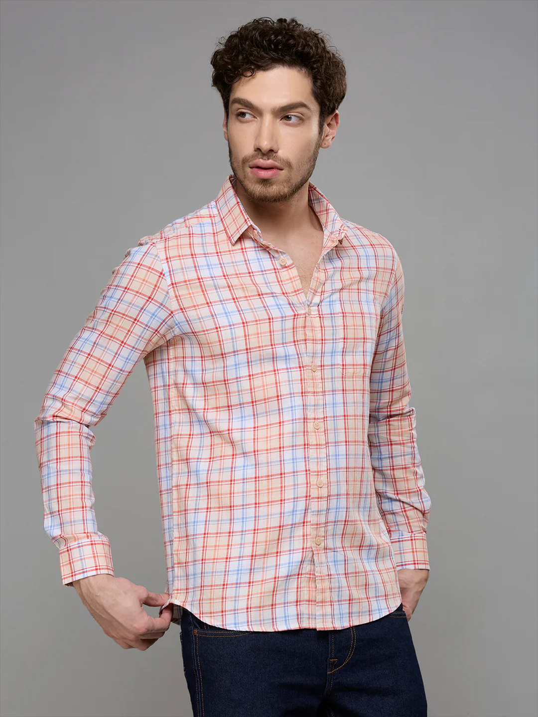 Men's Peach Checks Slim Fit Shirts - Image 5