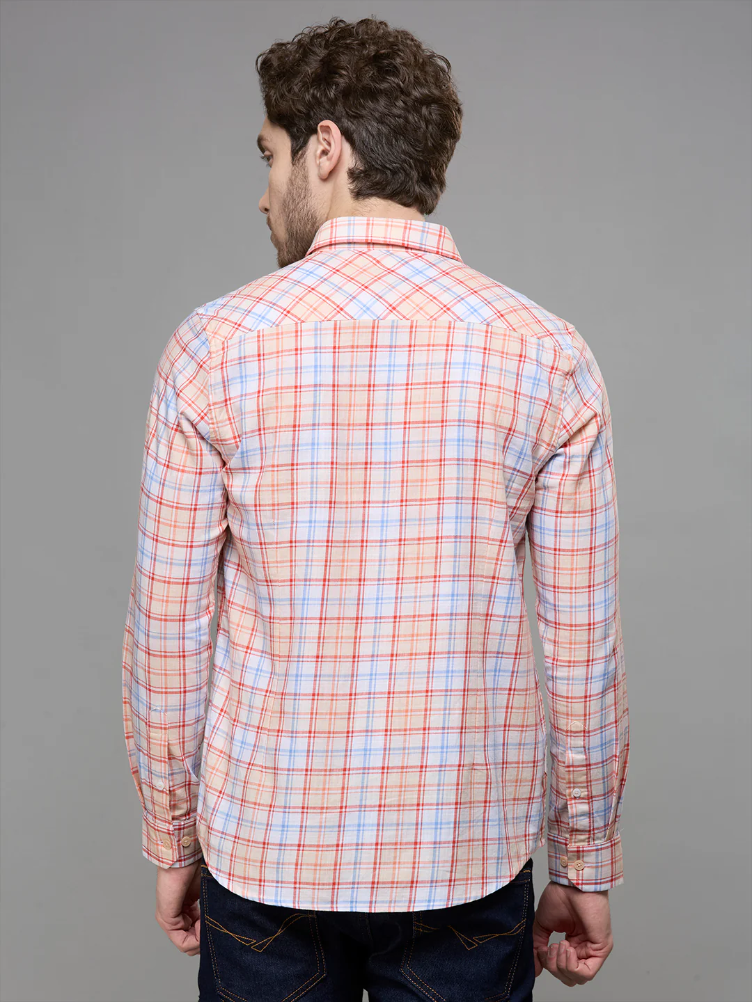 Men's Peach Checks Slim Fit Shirts - Image 6