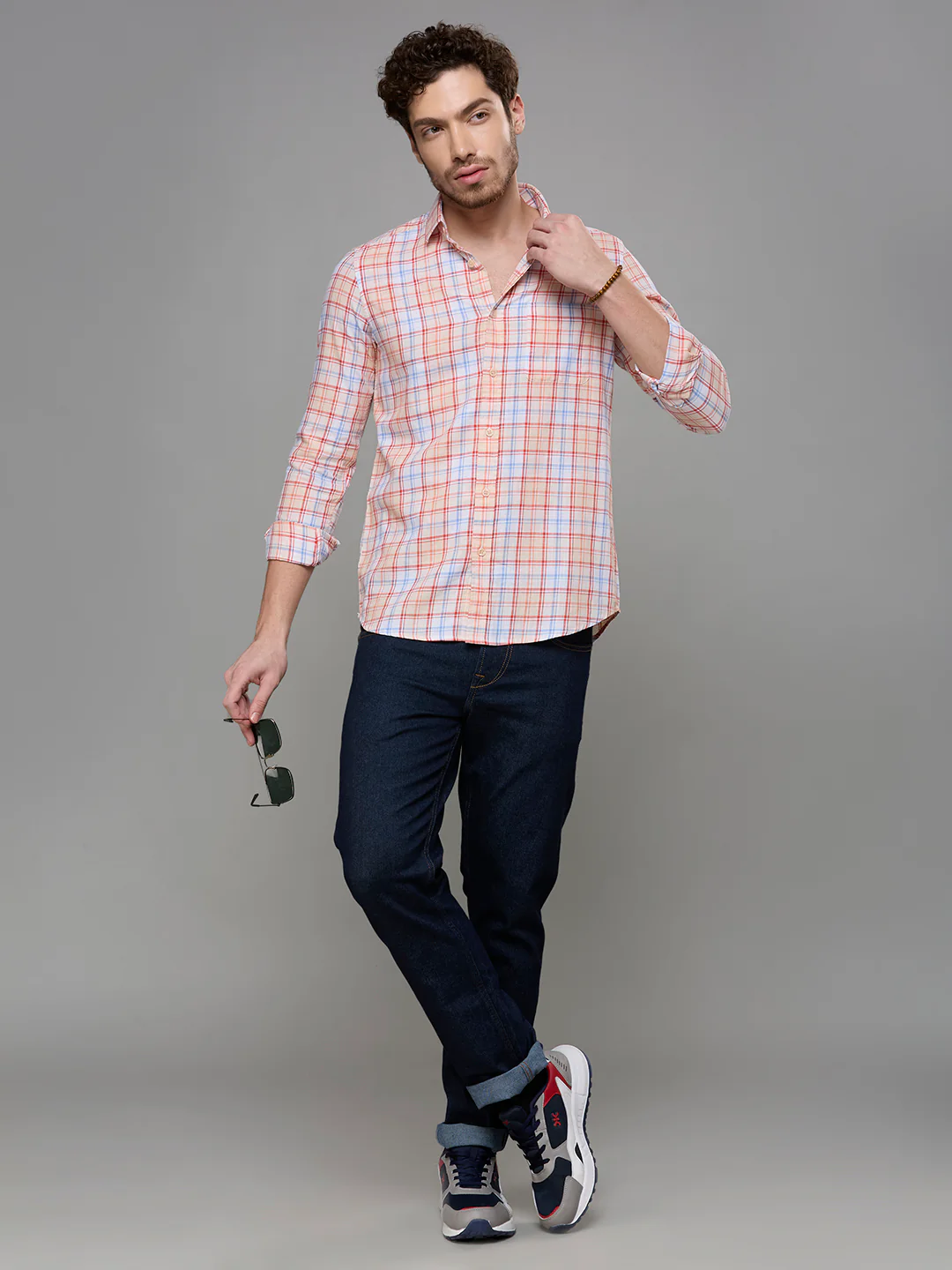 Men's Peach Checks Slim Fit Shirts - Image 8