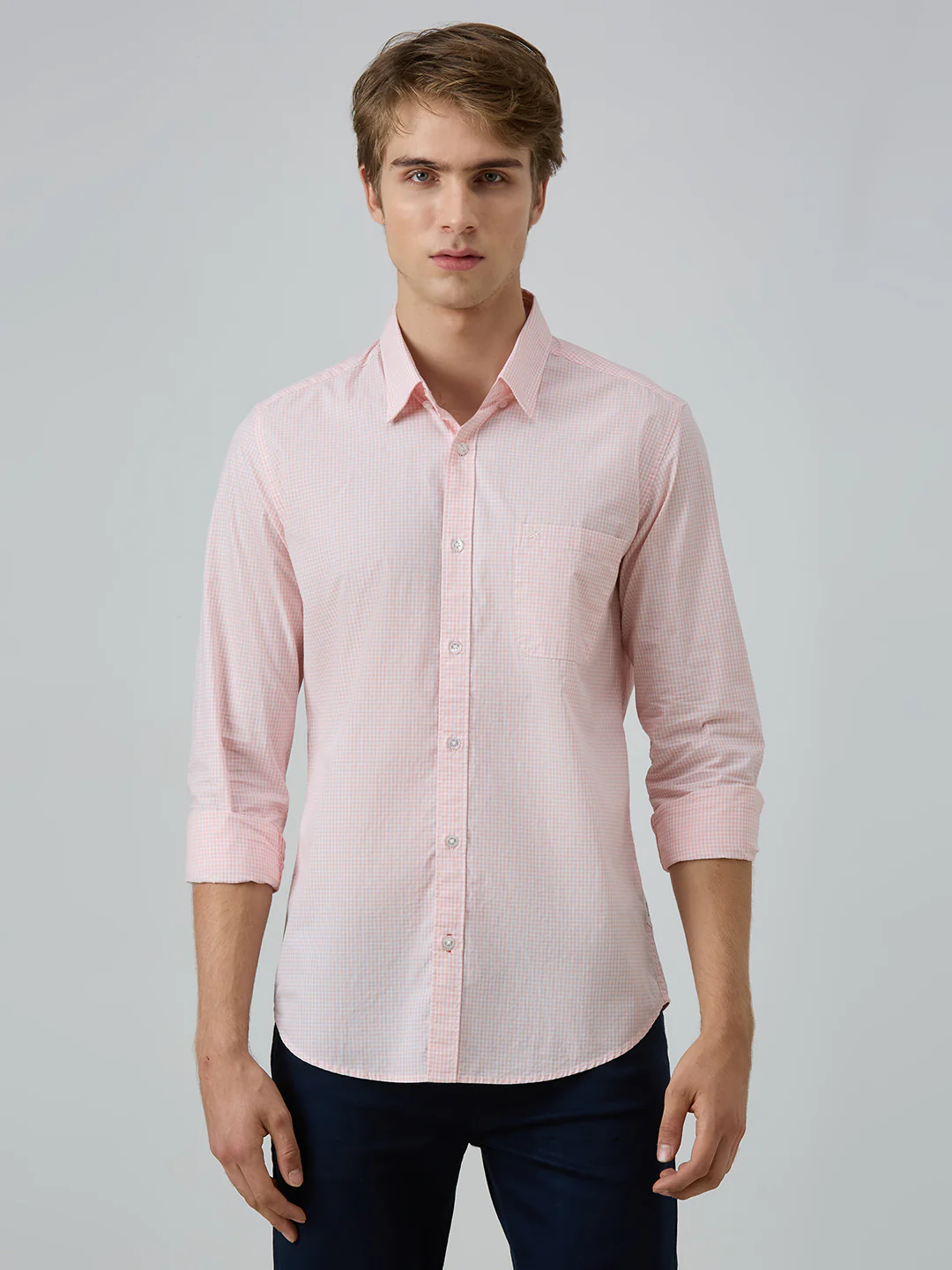 Men's Peach Checks Slim Fit Shirts - Image 3