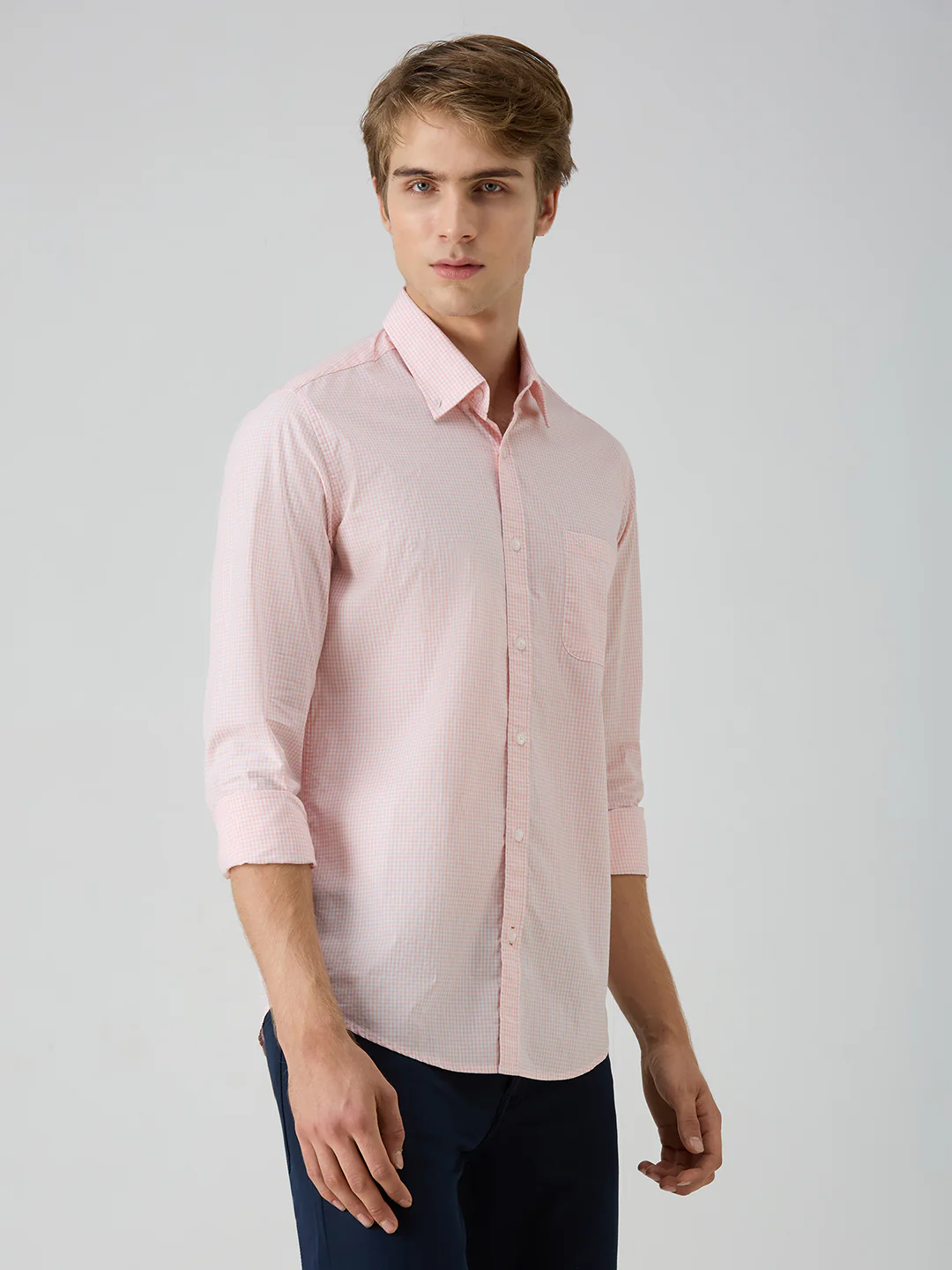 Men's Peach Checks Slim Fit Shirts - Image 5
