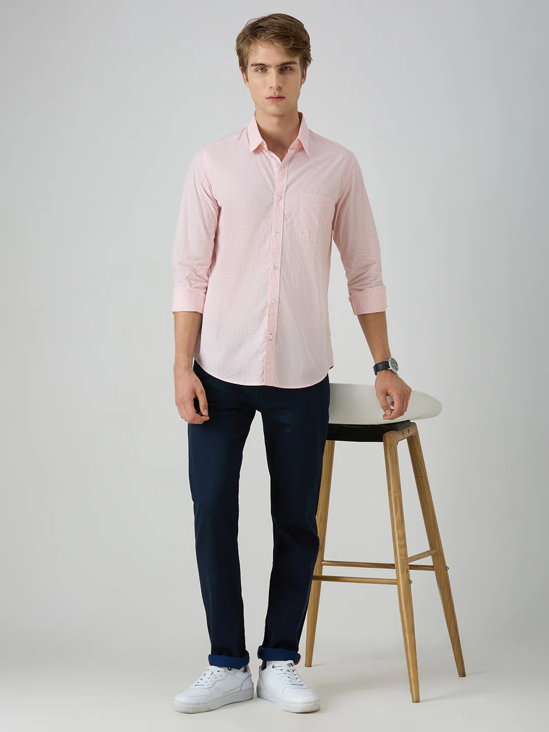 Men's Peach Checks Slim Fit Shirts - Image 8