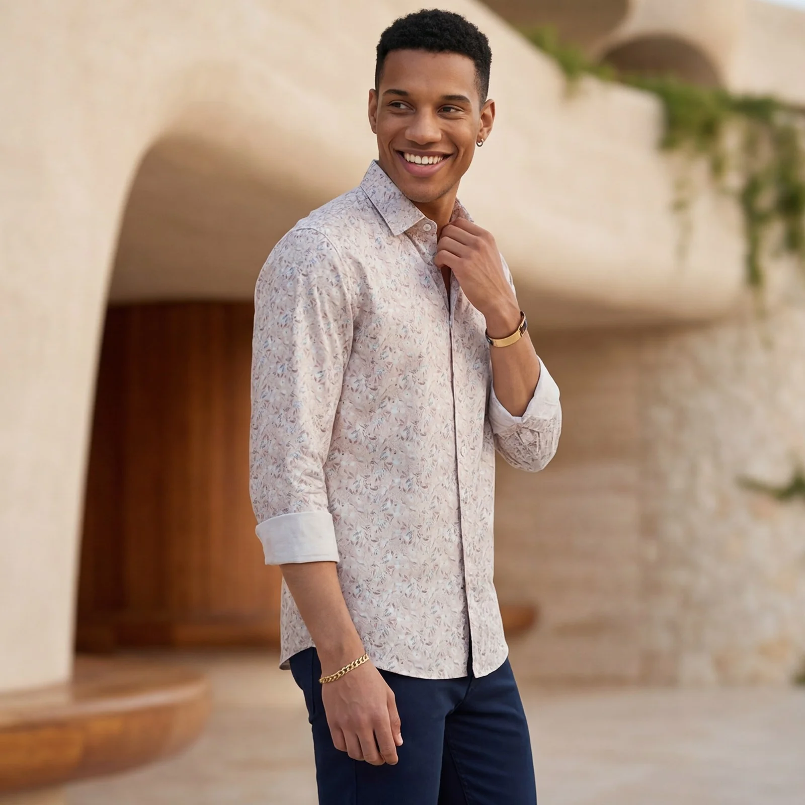 Men's Peach Printed Slim Fit Shirts - Image 2