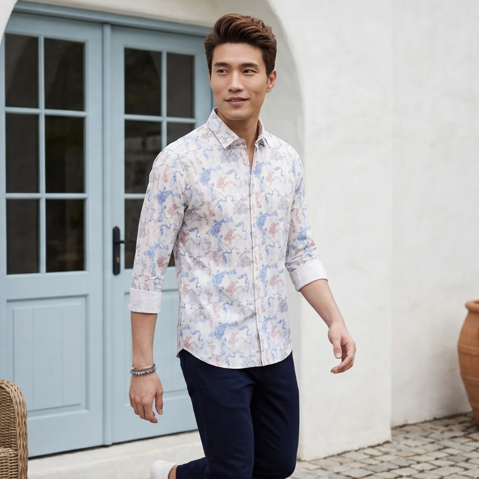 Men's Peach Printed Slim Fit Shirts - Image 2