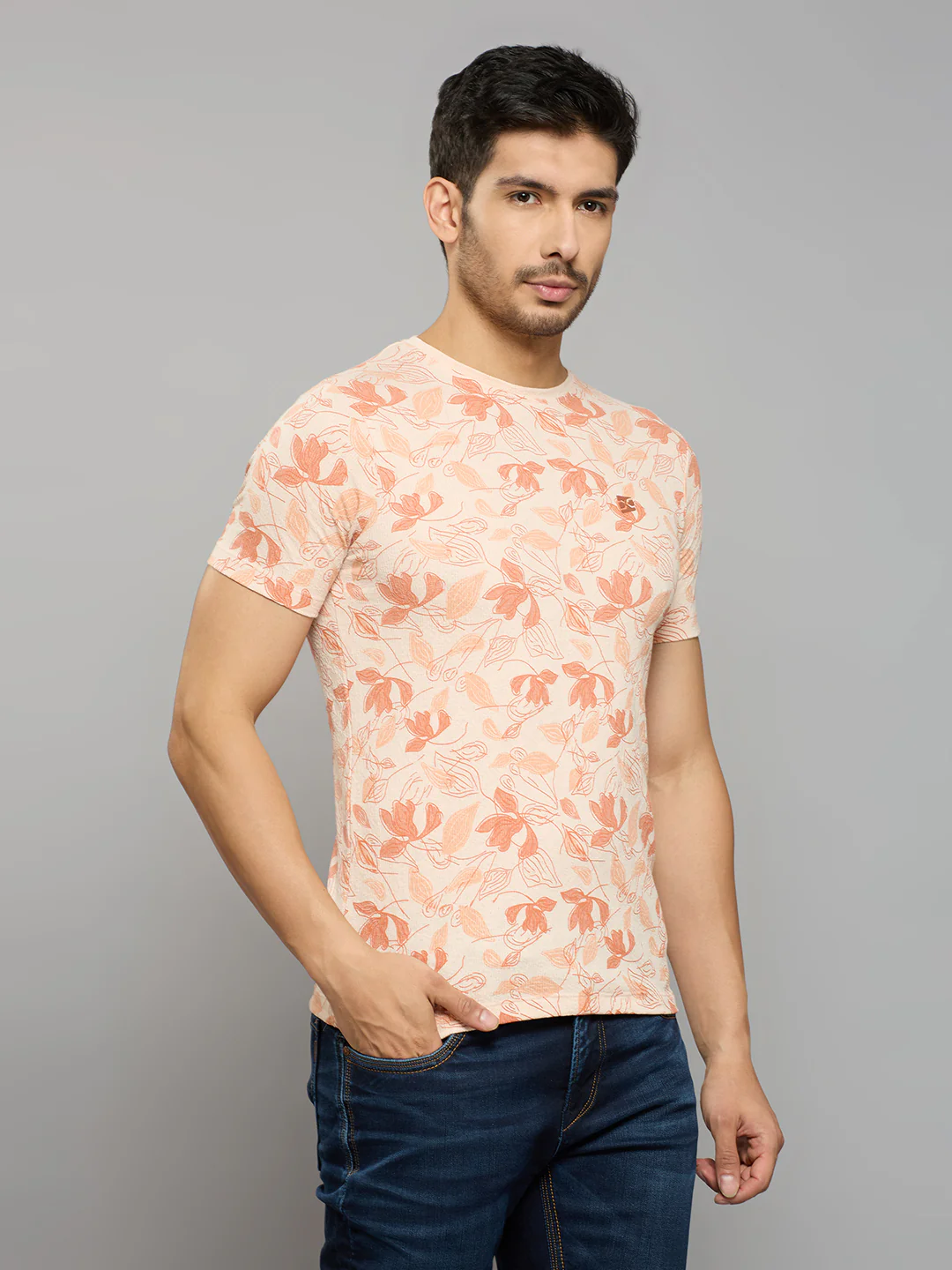 Men's Peach Printed Slim Fit T-Shirts - Image 3