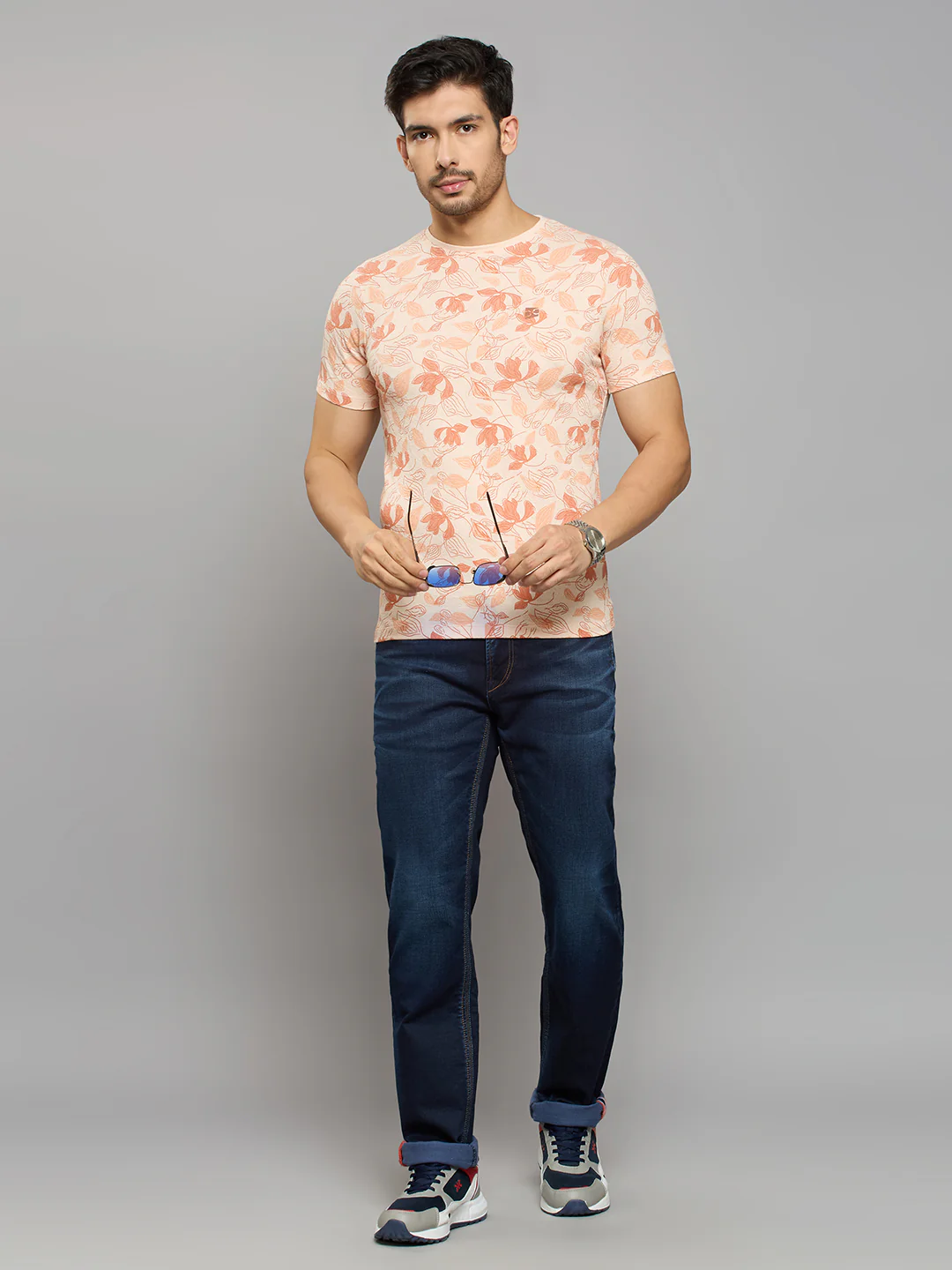 Men's Peach Printed Slim Fit T-Shirts - Image 6