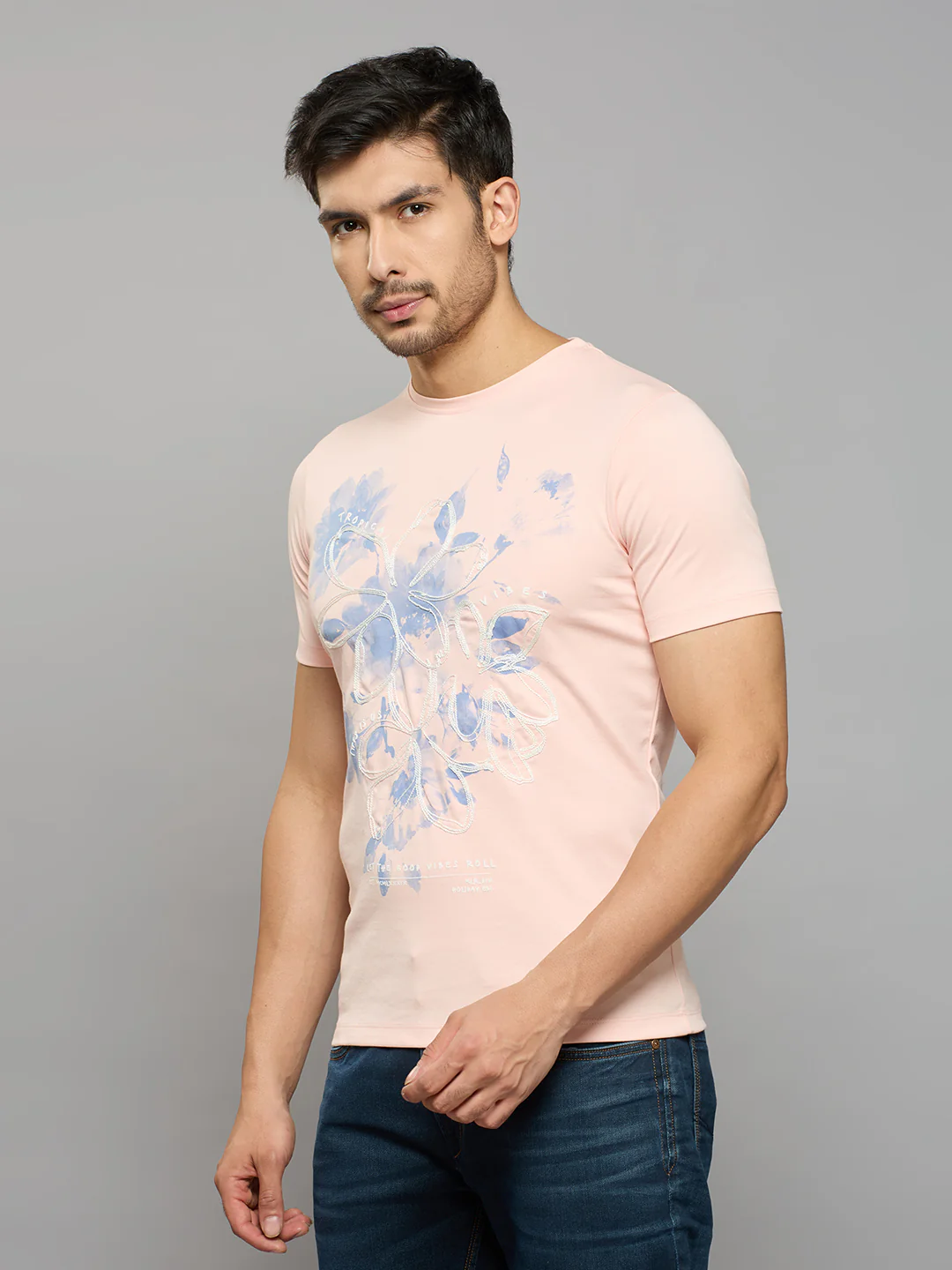 Men's Pink Printed Slim Fit T-Shirts - Image 2
