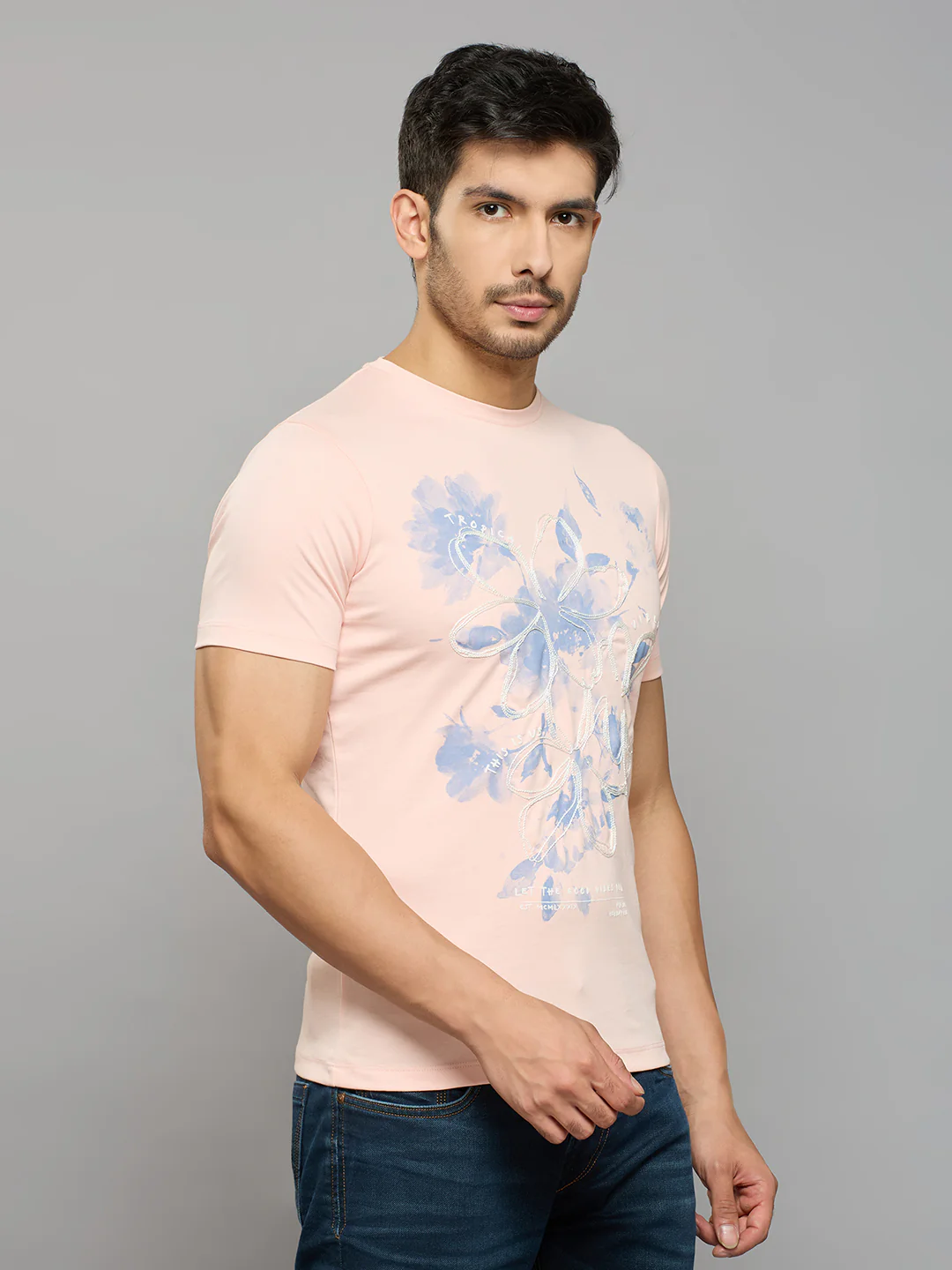 Men's Pink Printed Slim Fit T-Shirts - Image 3