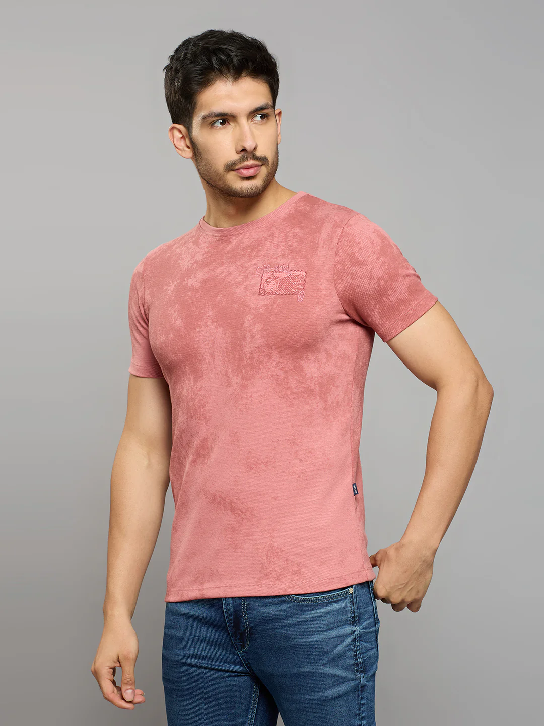 Men's Pink Printed Slim Fit T-Shirts - Image 2