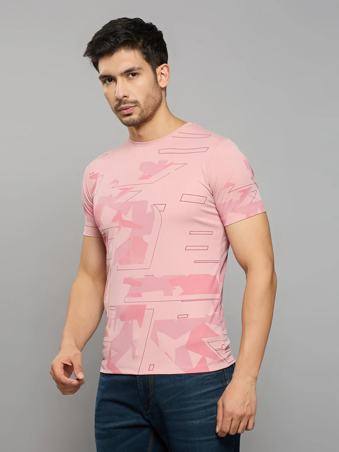 Men's Pink Printed Slim Fit T-Shirts - Image 2