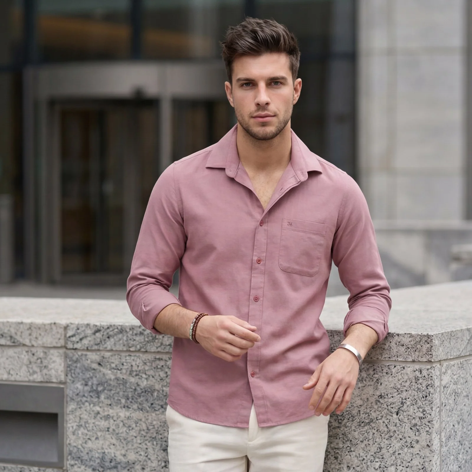 Men's Pink Solid Slim Fit Shirts - Image 2