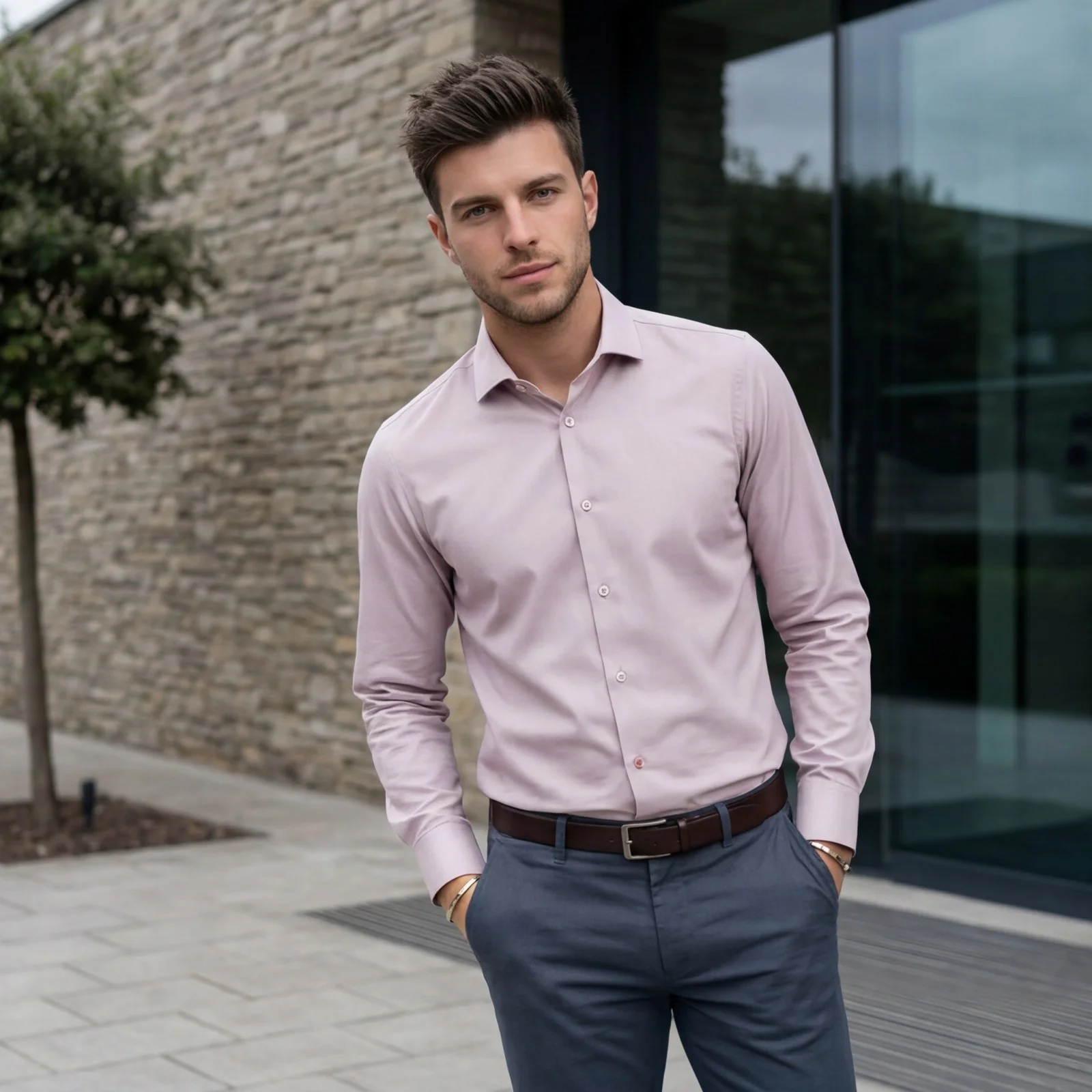 Men's Pink Solid Slim Fit Shirts - Image 2