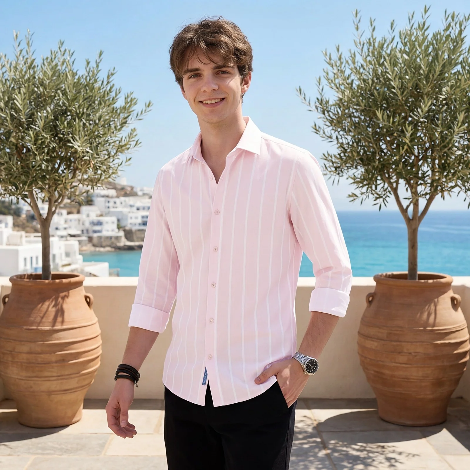 Men's Pink Striped Straight Fit Shirts - Image 2