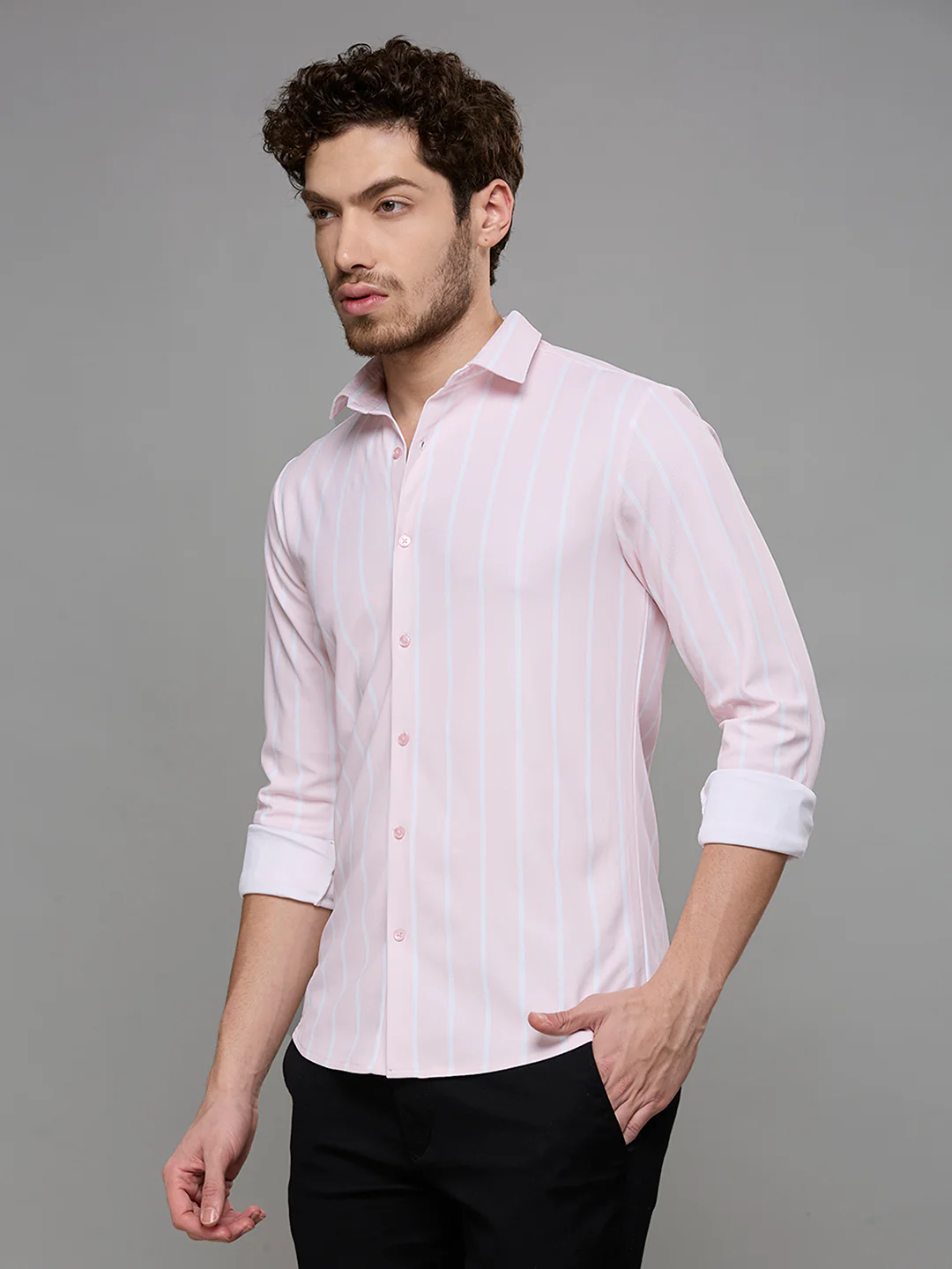 Men's Pink Striped Straight Fit Shirts - Image 4