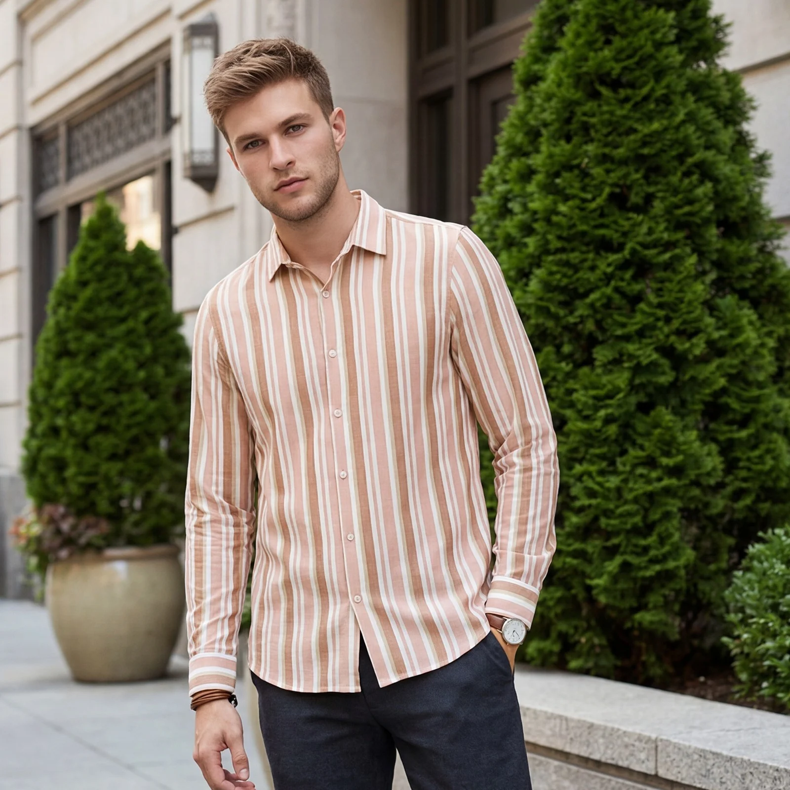 Men's Rust Striped Slim Fit Shirts - Image 2