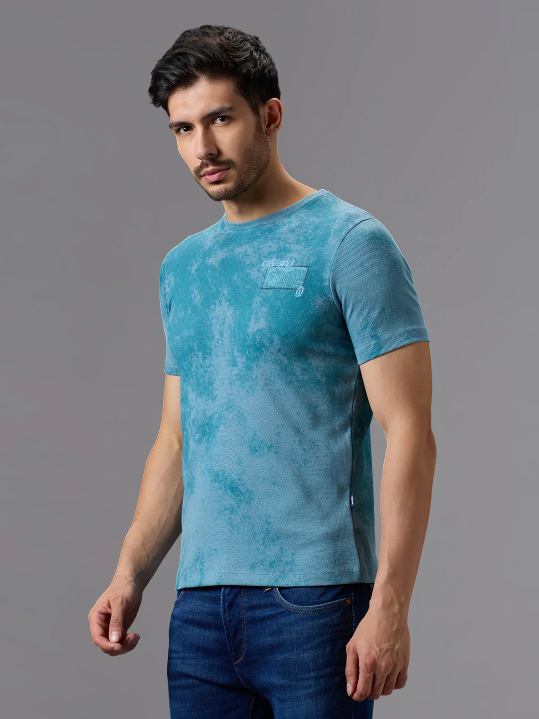 Men's Teal Blue Printed Slim Fit T-Shirts - Image 2