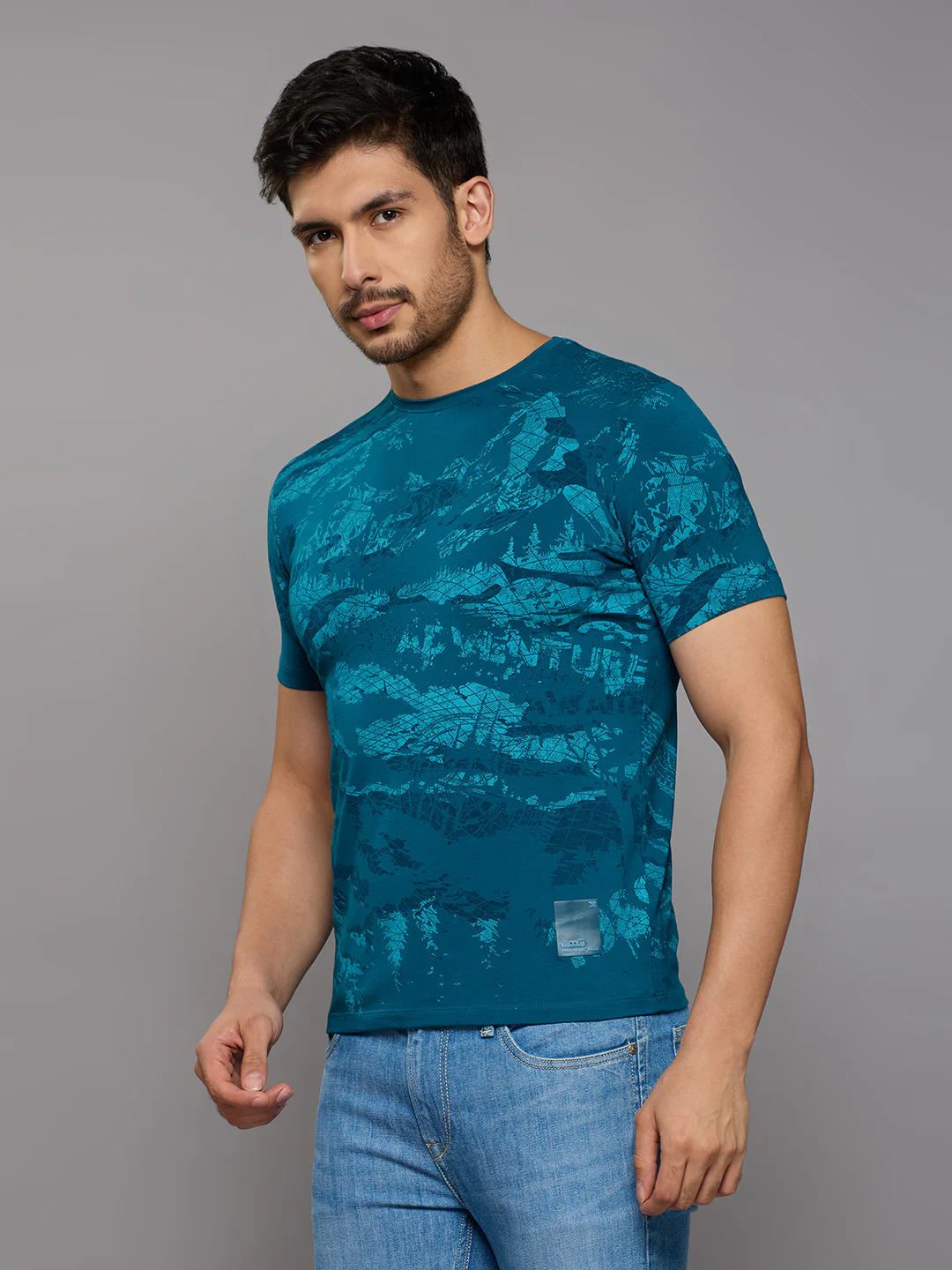 Men's Teal Blue Printed Slim Fit T-Shirts - Image 2